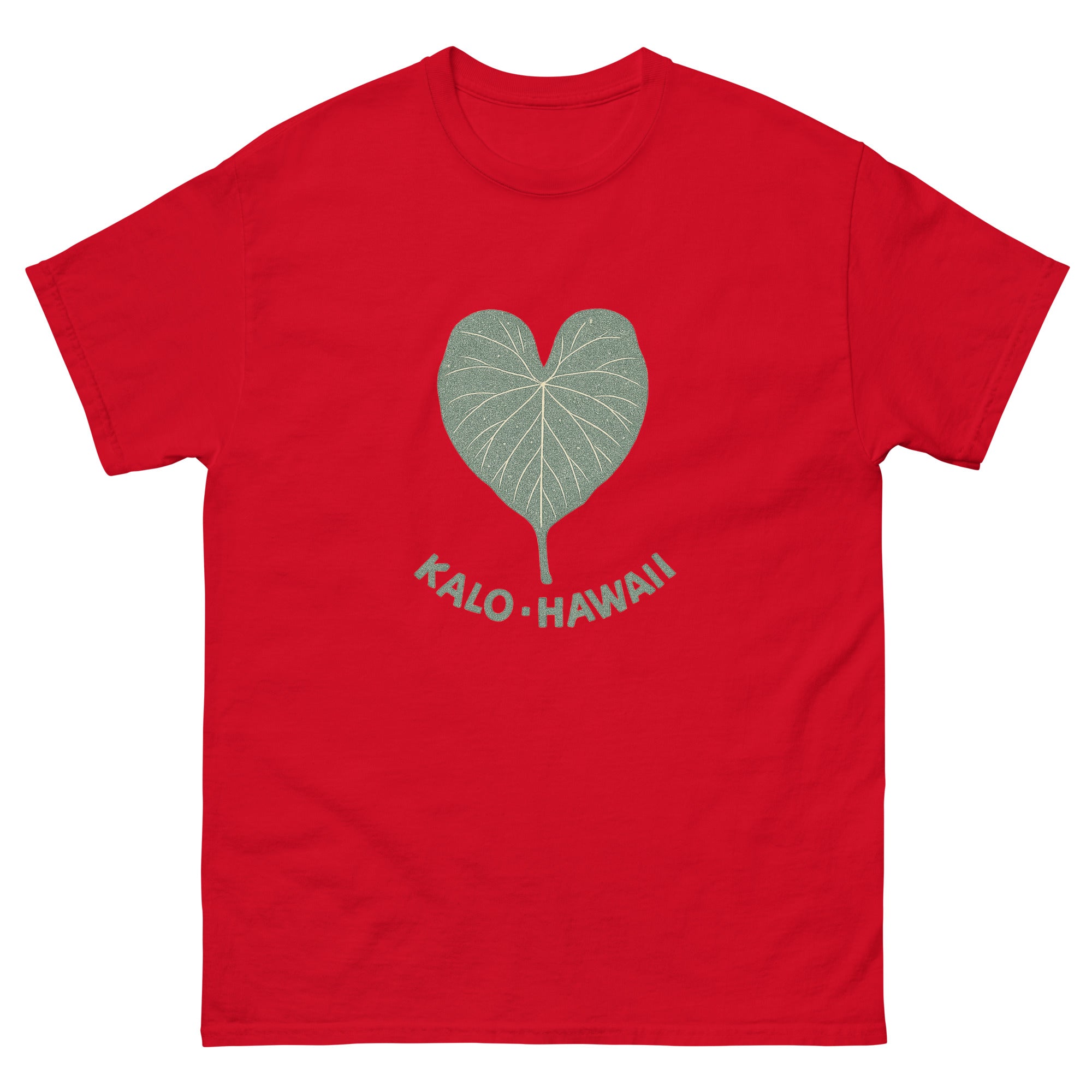 Kalo Taro Leaf Hawaiian t-shirt design on a Red unisex tee