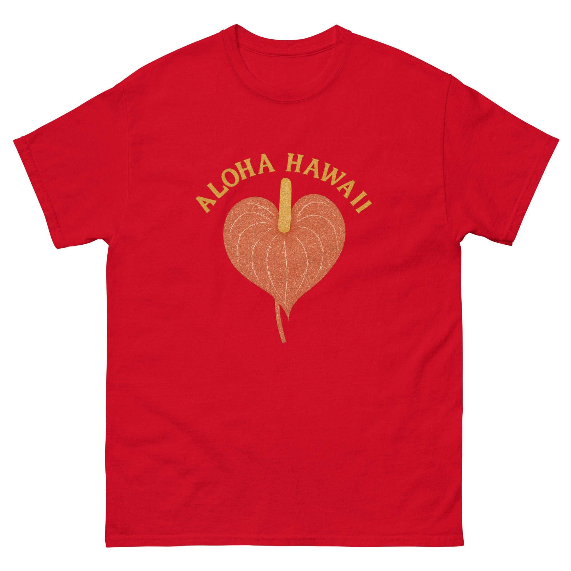 Anthurium Hawaiian t-shirt design on a Red unisex tee