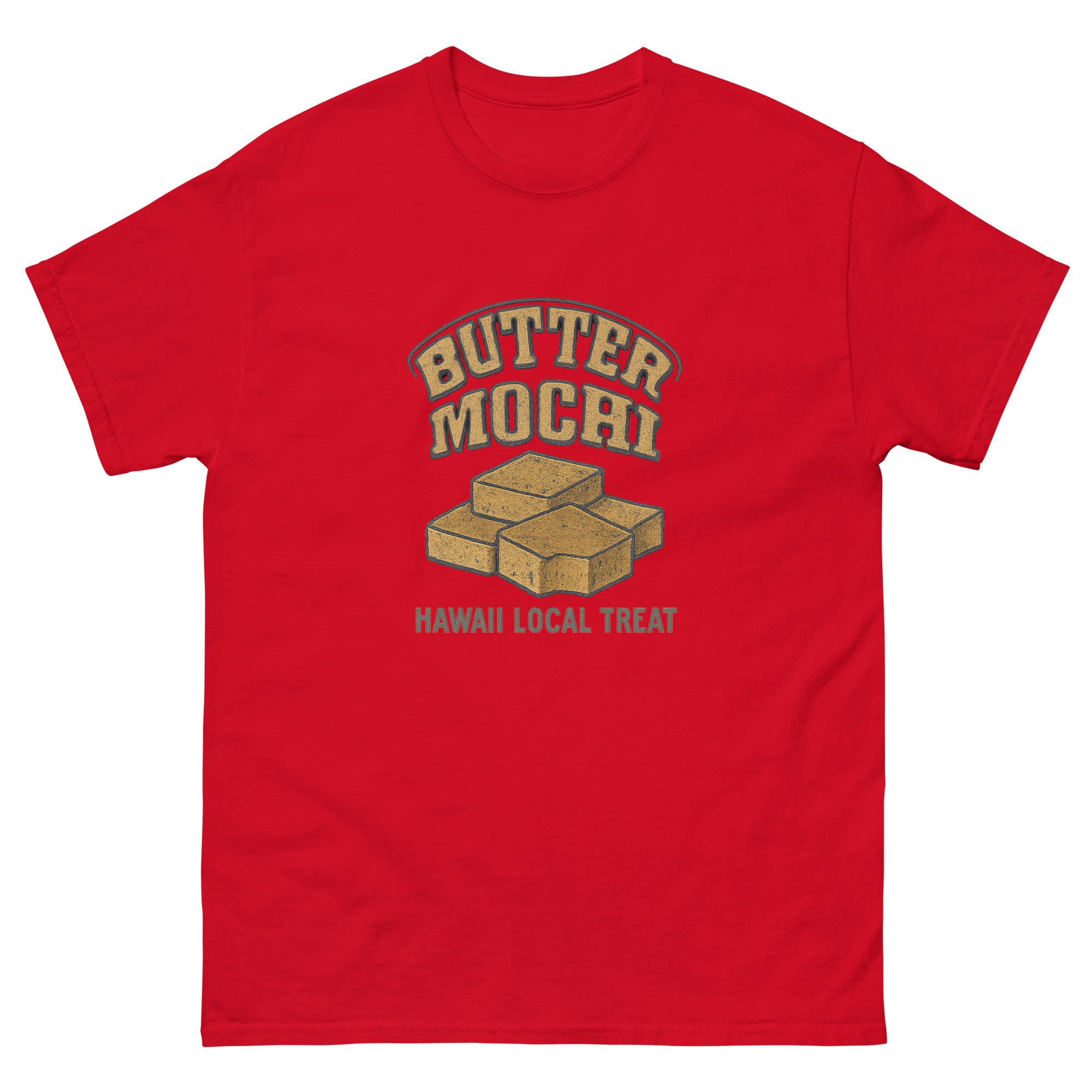 Butter Mochi Hawaiian t-shirt design on a Red unisex tee