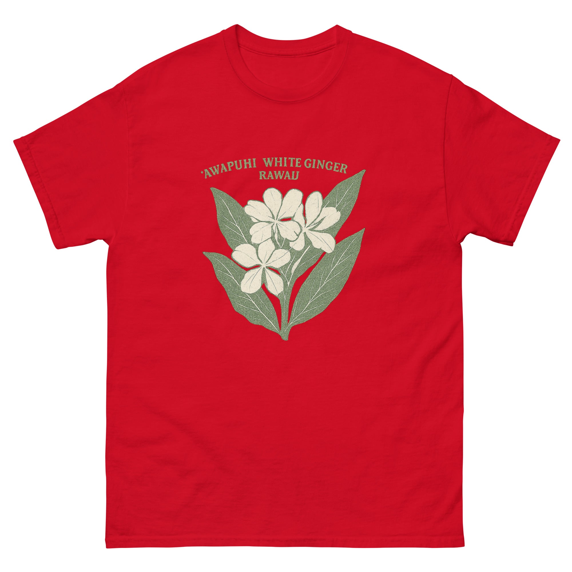 White Ginger Hawaiian t-shirt design on a Red unisex tee