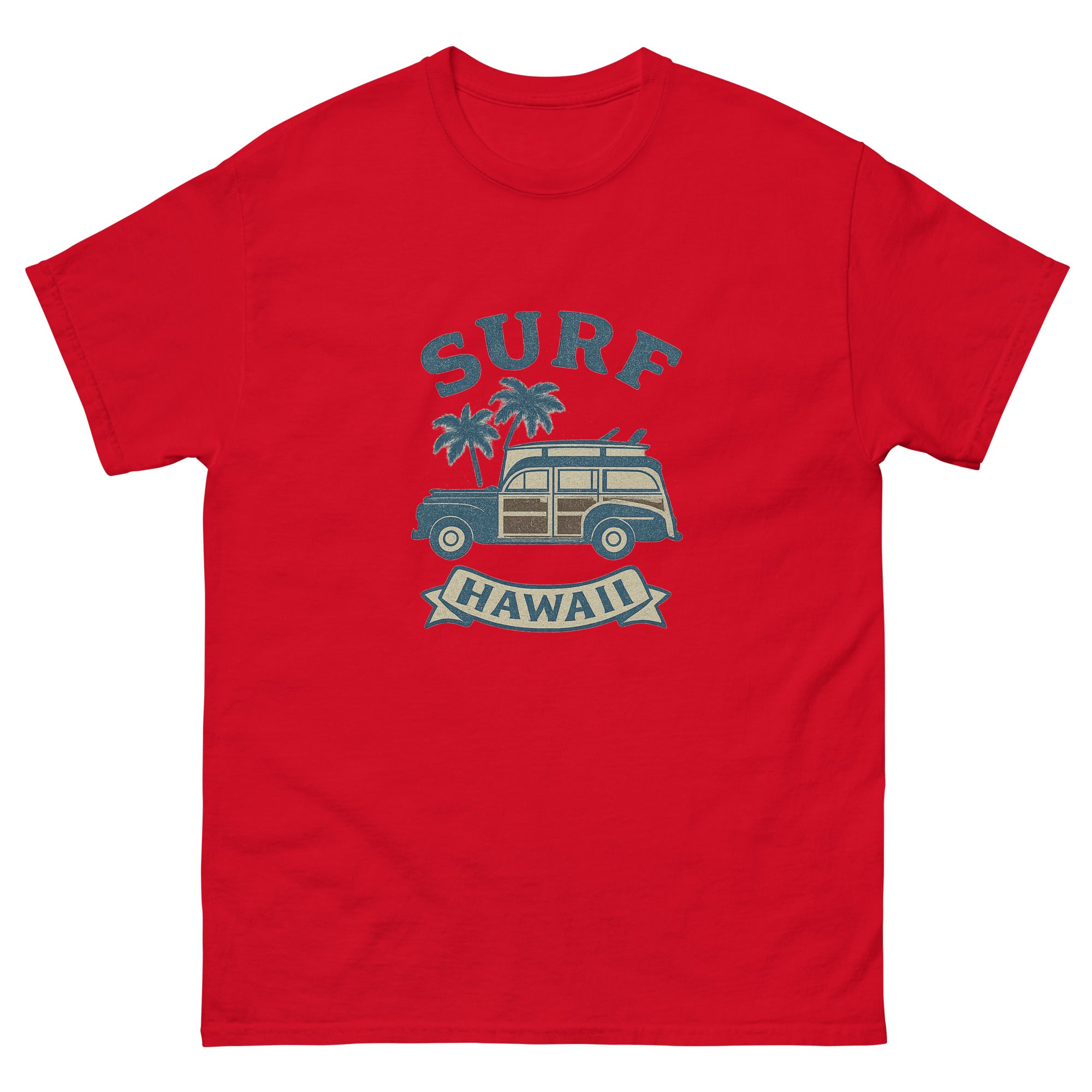 Woody Wagon Hawaiian t-shirt design on a Red unisex tee