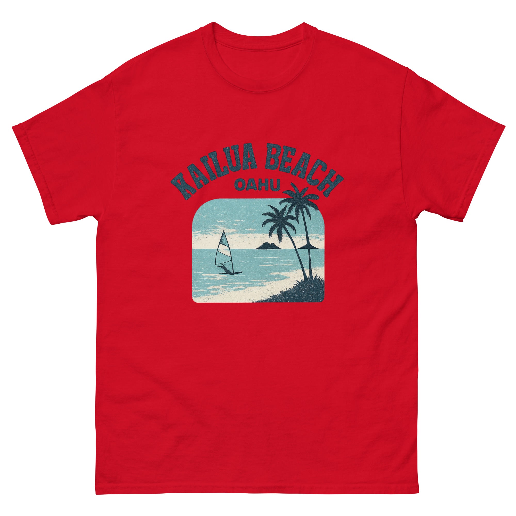 Kailua Beach Hawaiian t-shirt design on a Red unisex tee