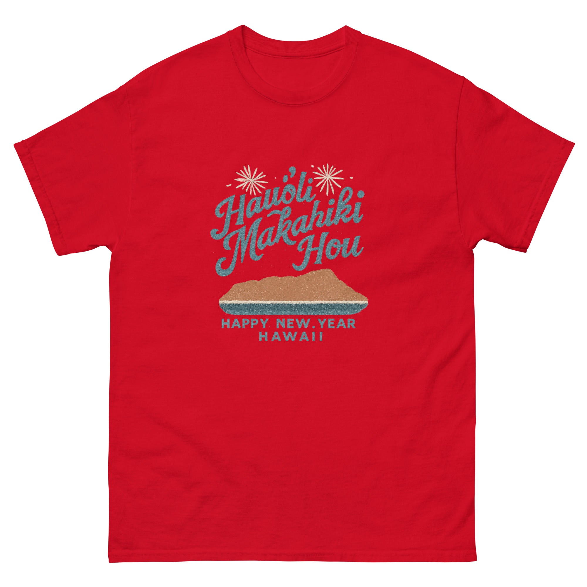 Hauoli Makahiki Hou Hawaiian t-shirt design on a Red unisex tee