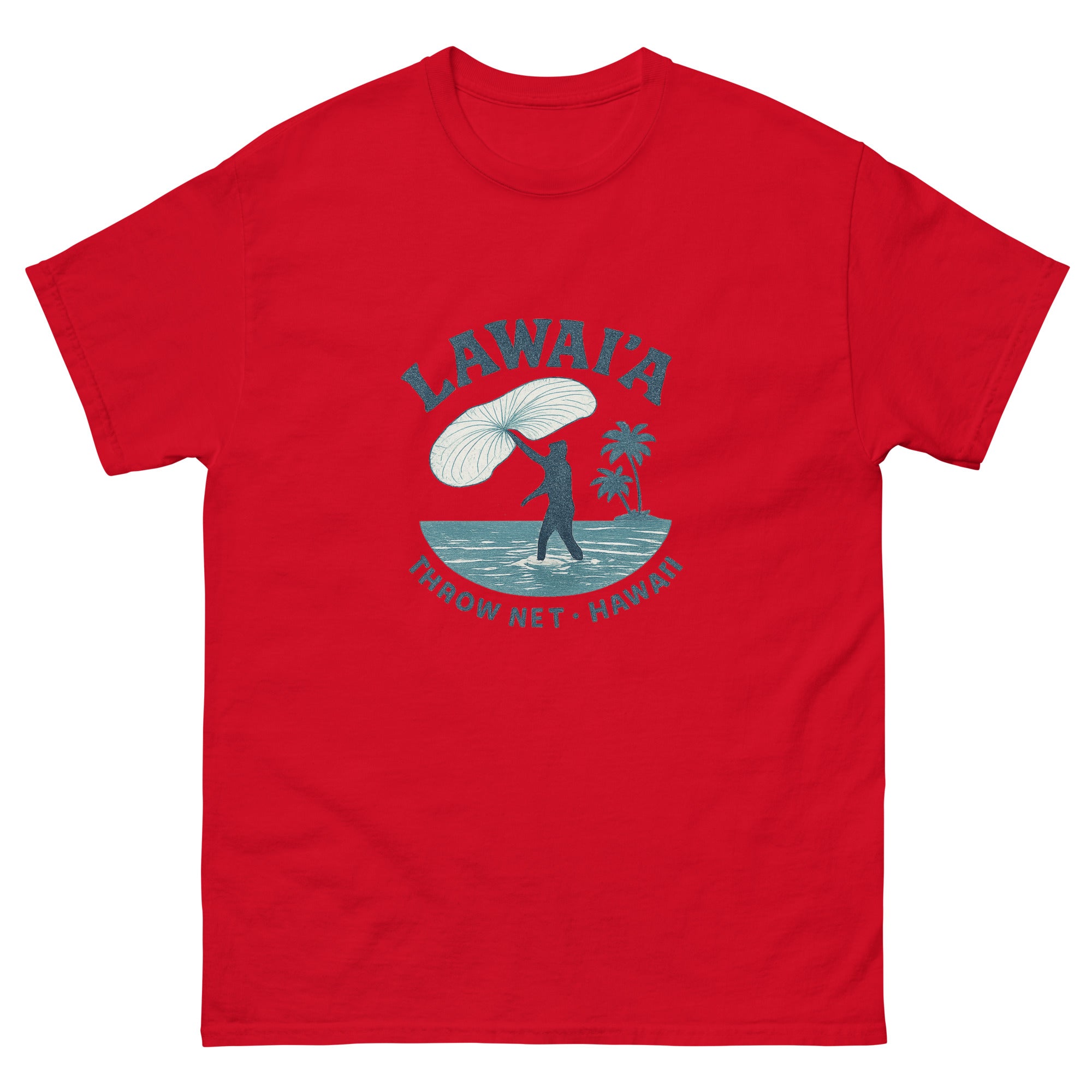 Throw Net Fishing Hawaiian t-shirt design on a Red unisex tee