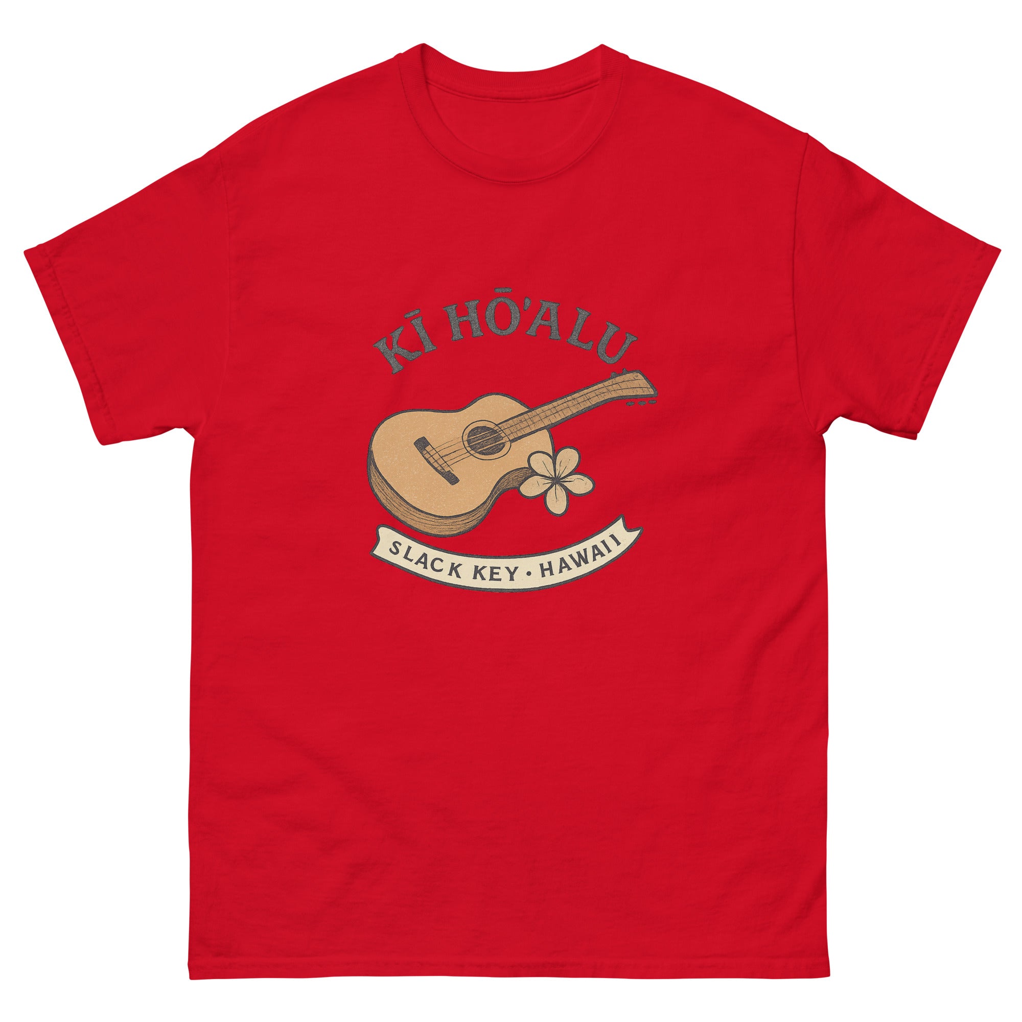 Slack Key Guitar Hawaiian t-shirt design on a Red unisex tee