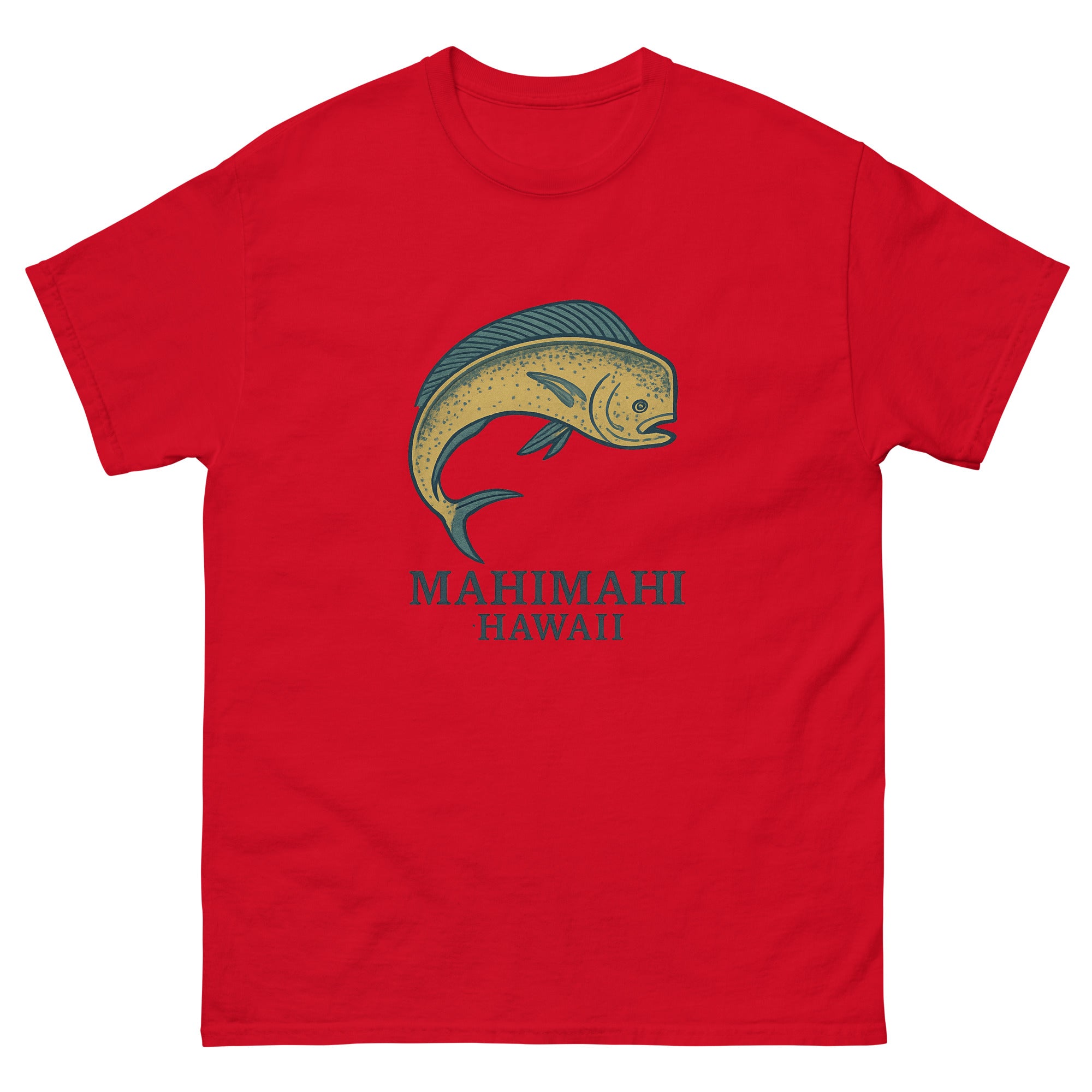 Mahimahi Hawaiian t-shirt design on a Red unisex tee