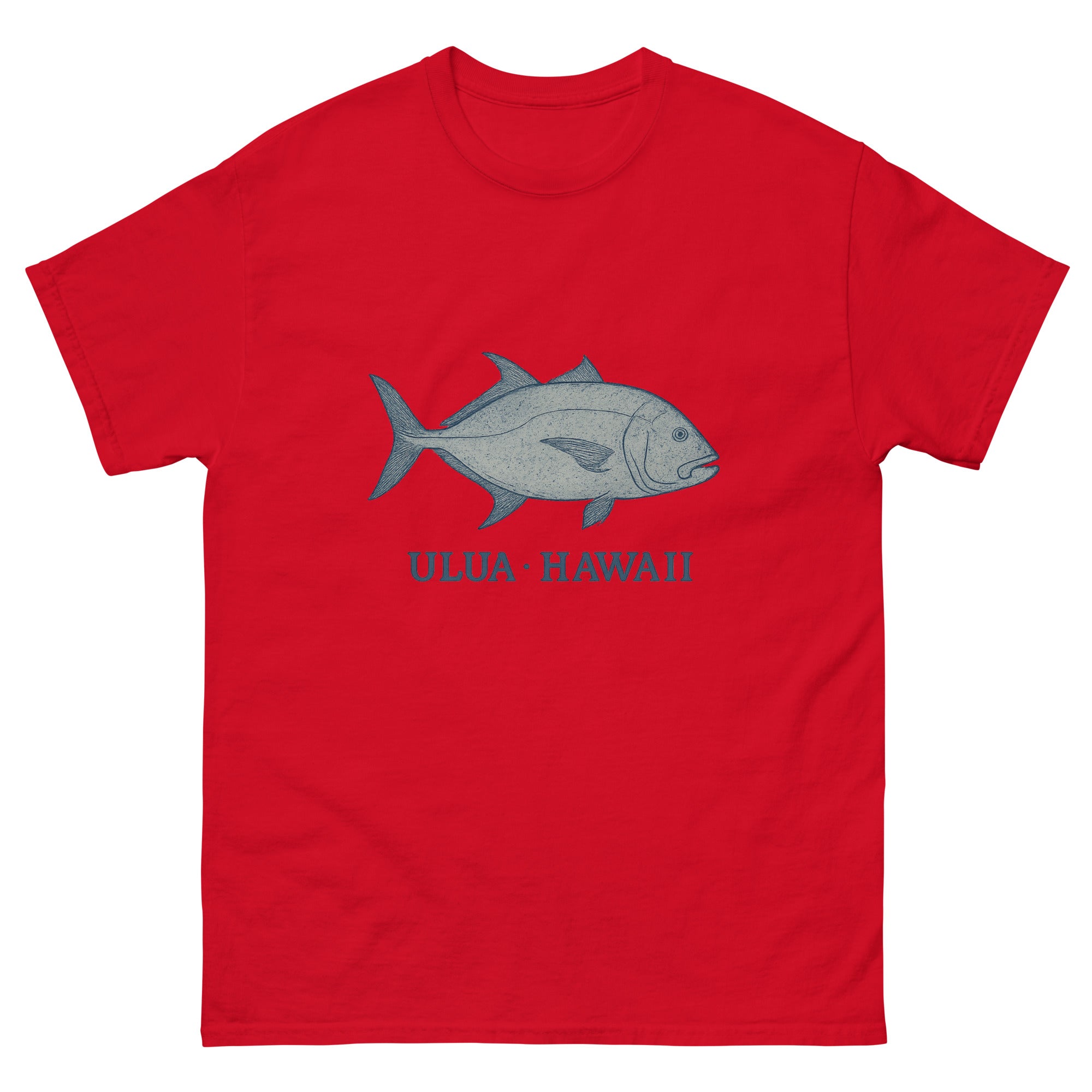 Ulua Hawaiian t-shirt design on a Red unisex tee
