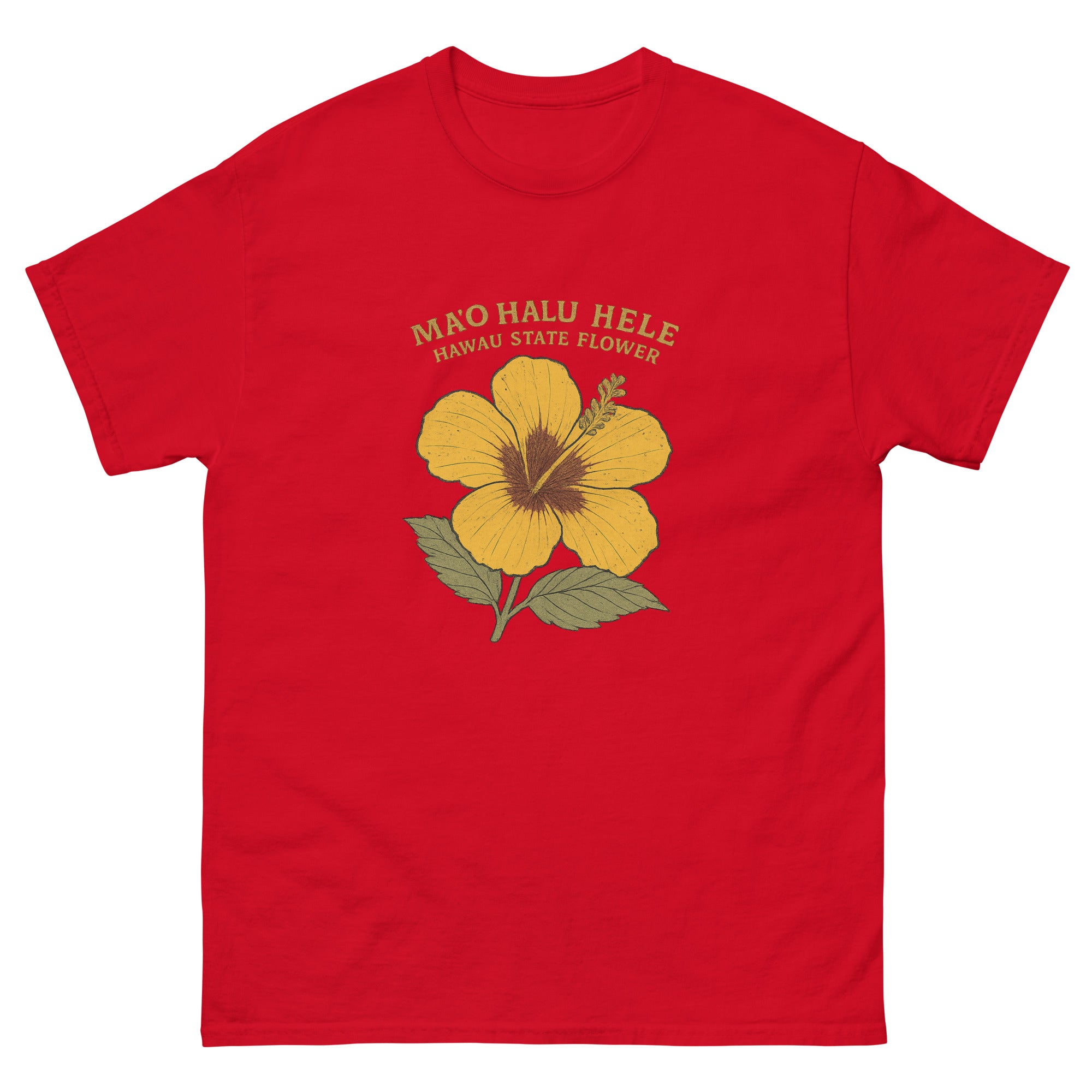 Yellow Hibiscus Hawaiian t-shirt design on a Red unisex tee
