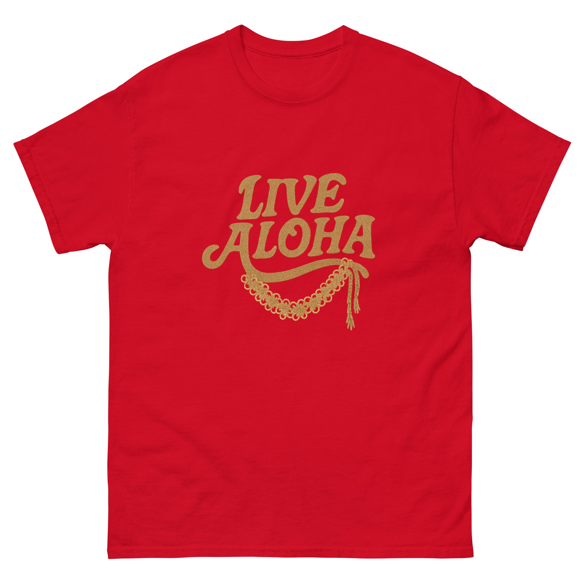 Live Aloha Hawaiian t-shirt design on a Red unisex tee