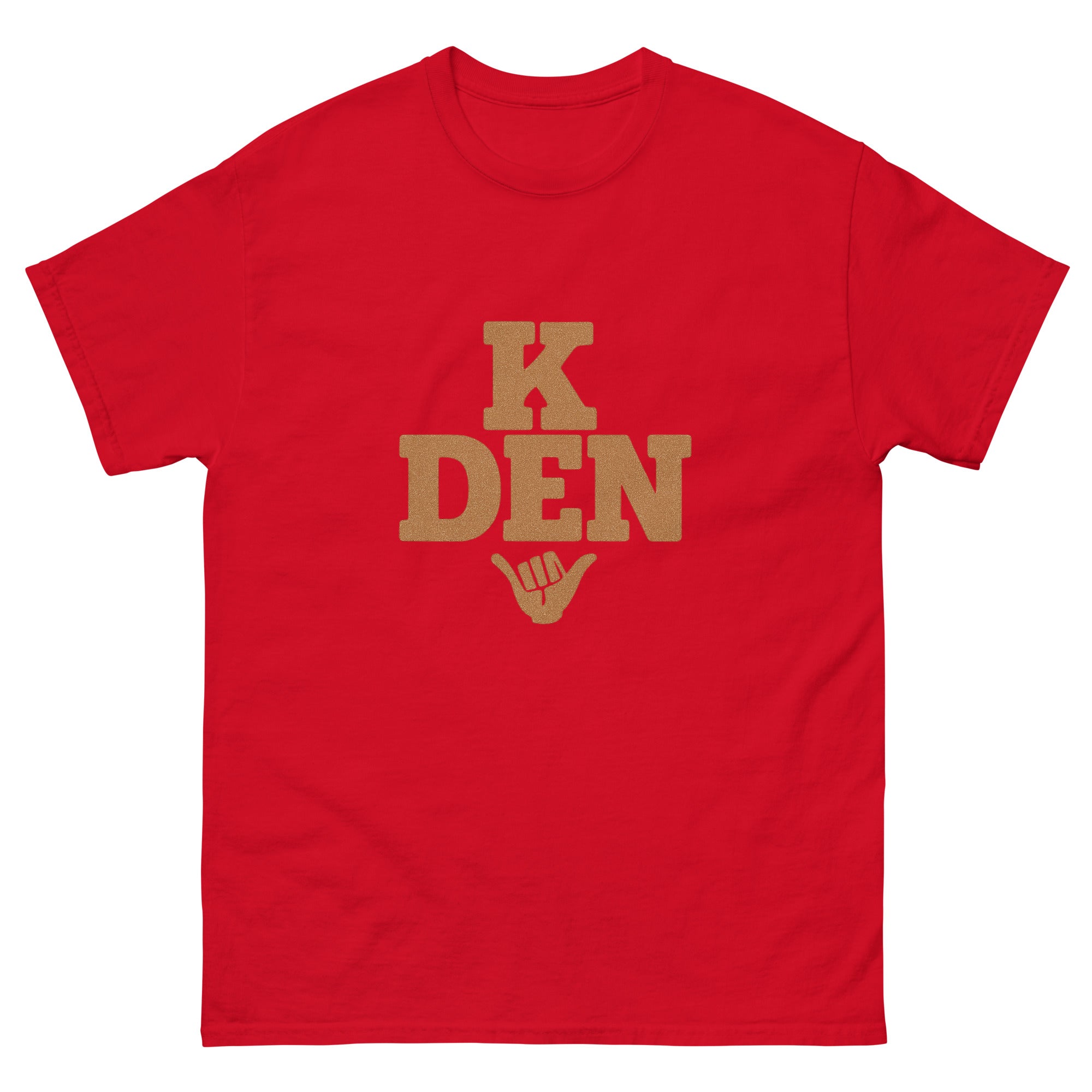 K Den Hawaiian t-shirt design on a Red unisex tee