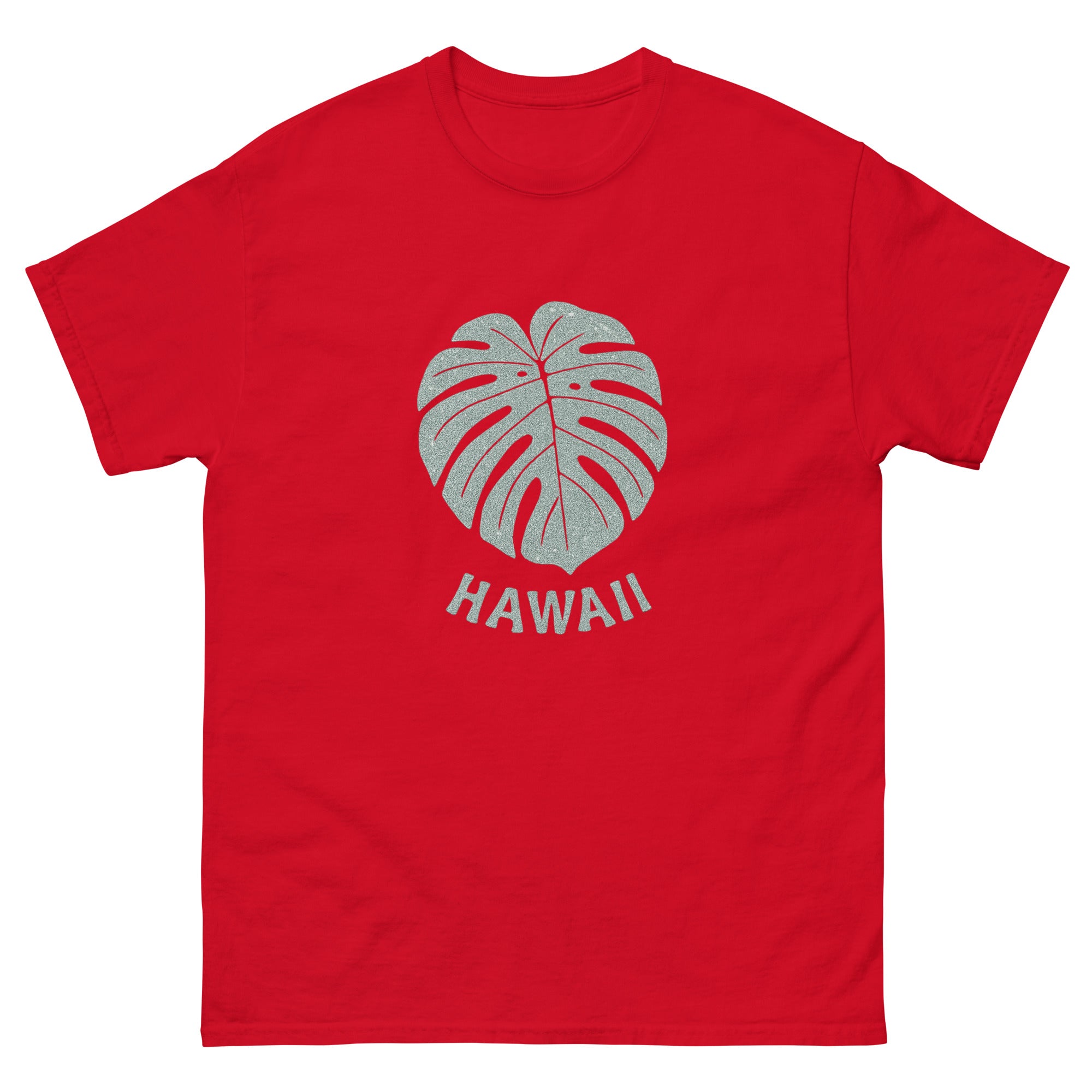 Monstera Leaf Hawaiian t-shirt design on a Red unisex tee