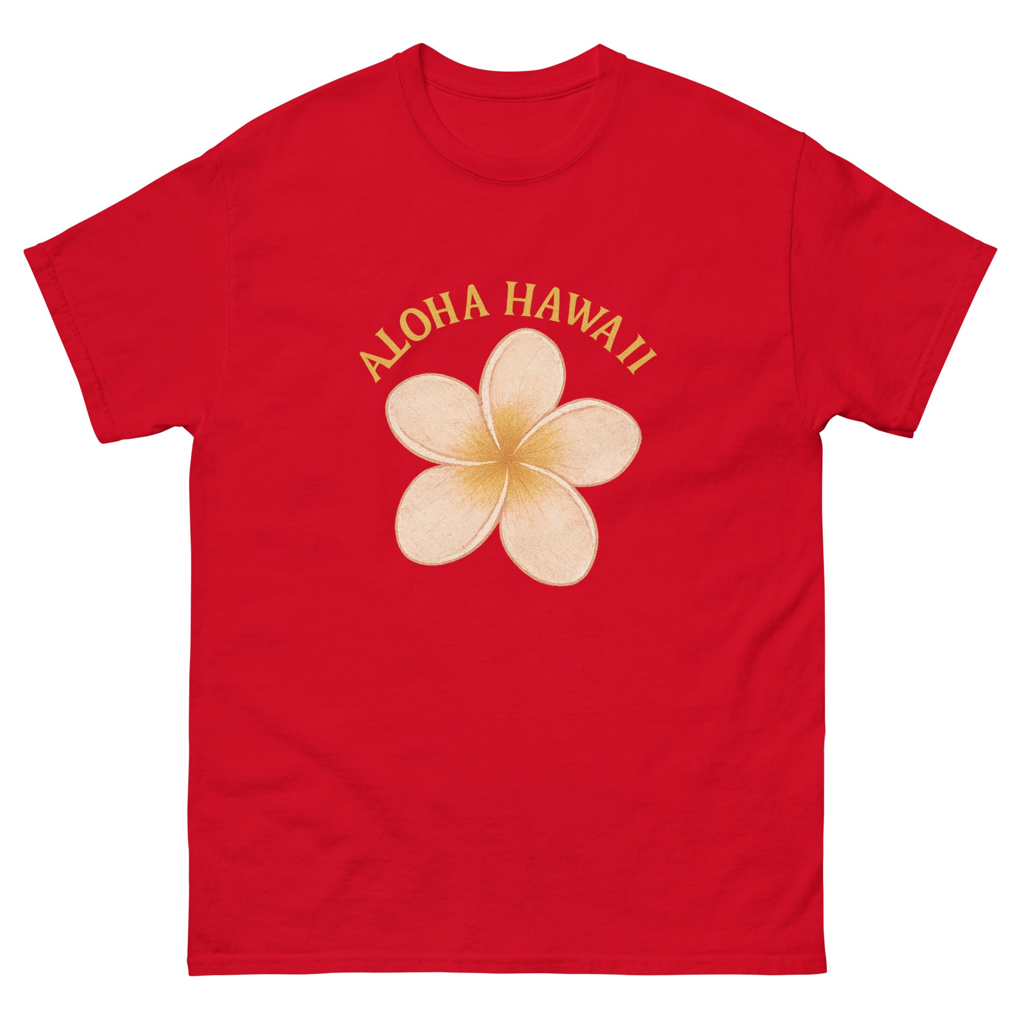 Plumeria Hawaiian t-shirt design on a Red unisex tee
