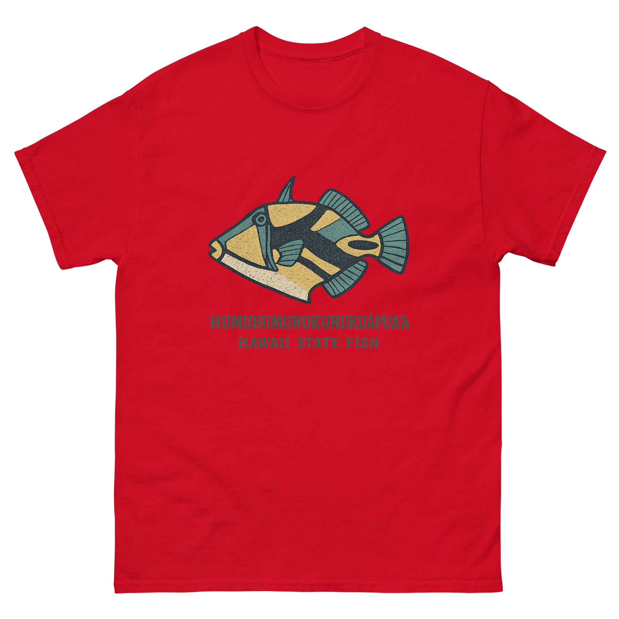 Humuhumu Fish Hawaiian t-shirt design on a Red unisex tee
