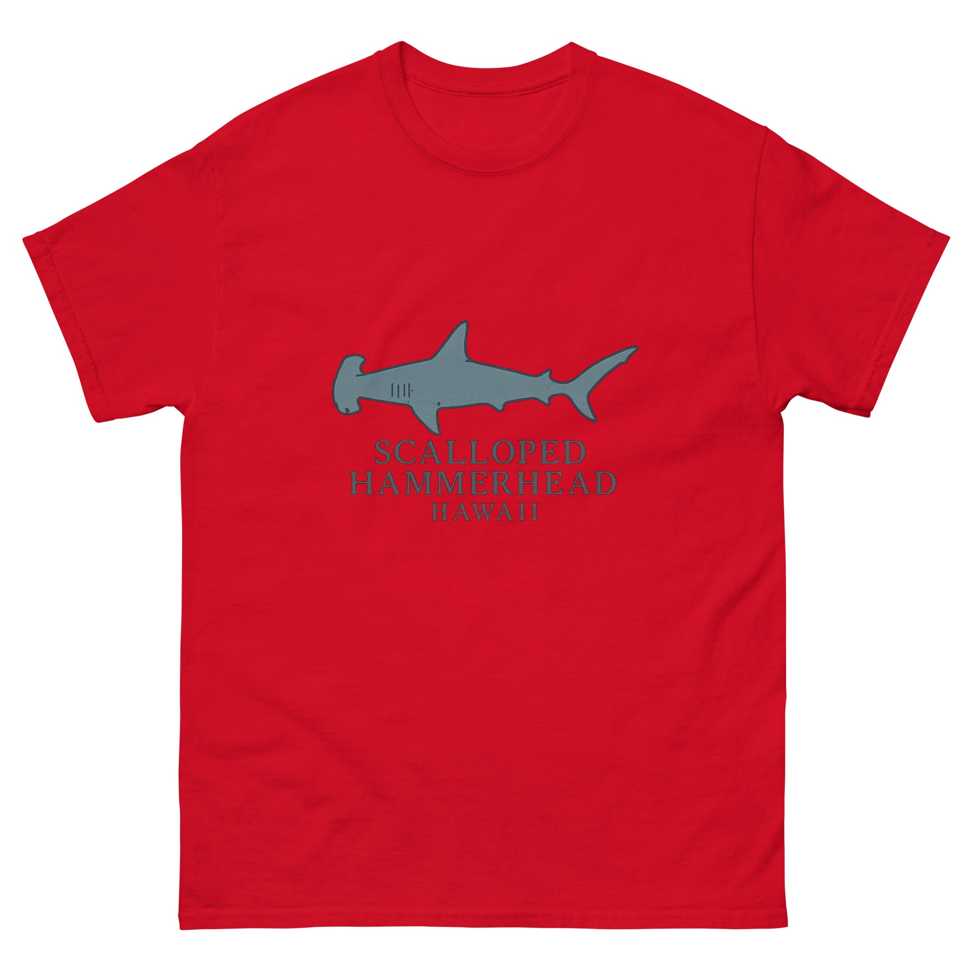 Hammerhead Shark Hawaiian t-shirt design on a Red unisex tee