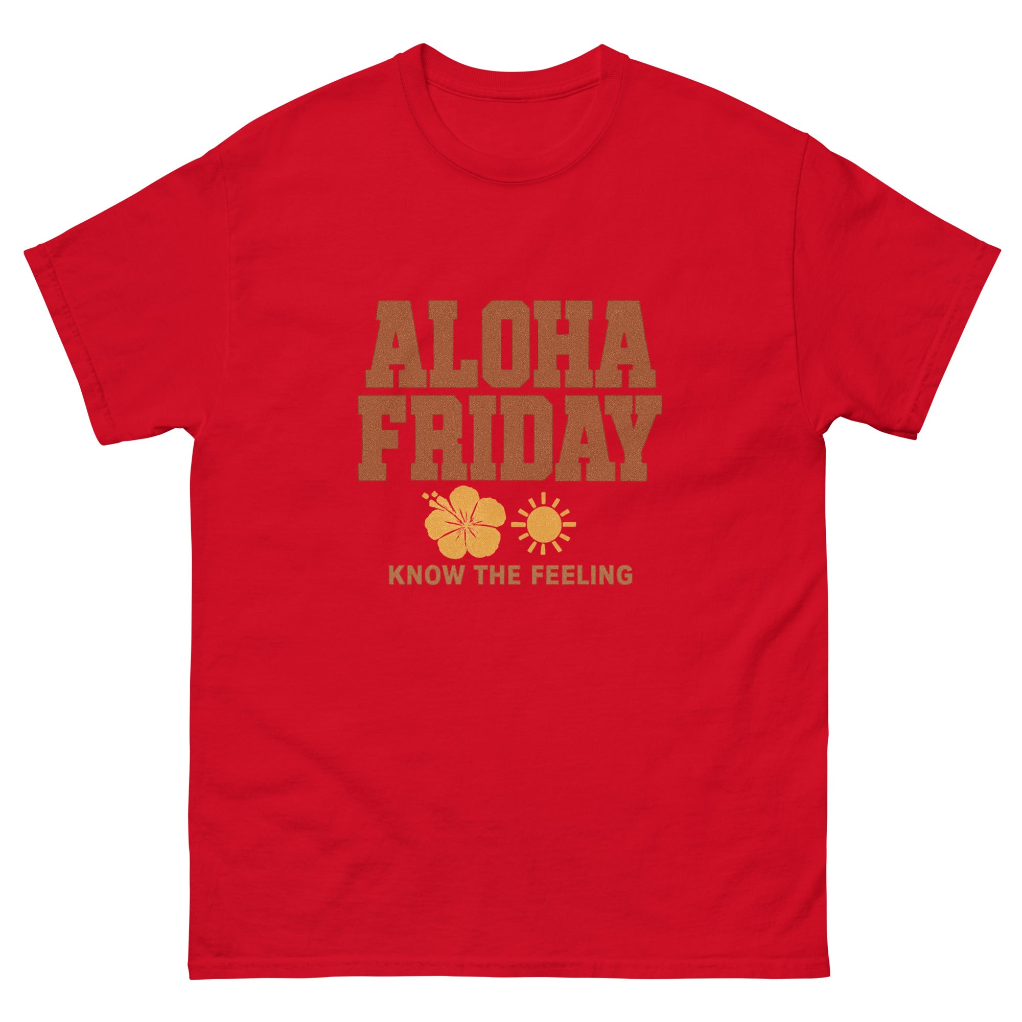 Aloha Friday Hawaiian t-shirt design on a Red unisex tee