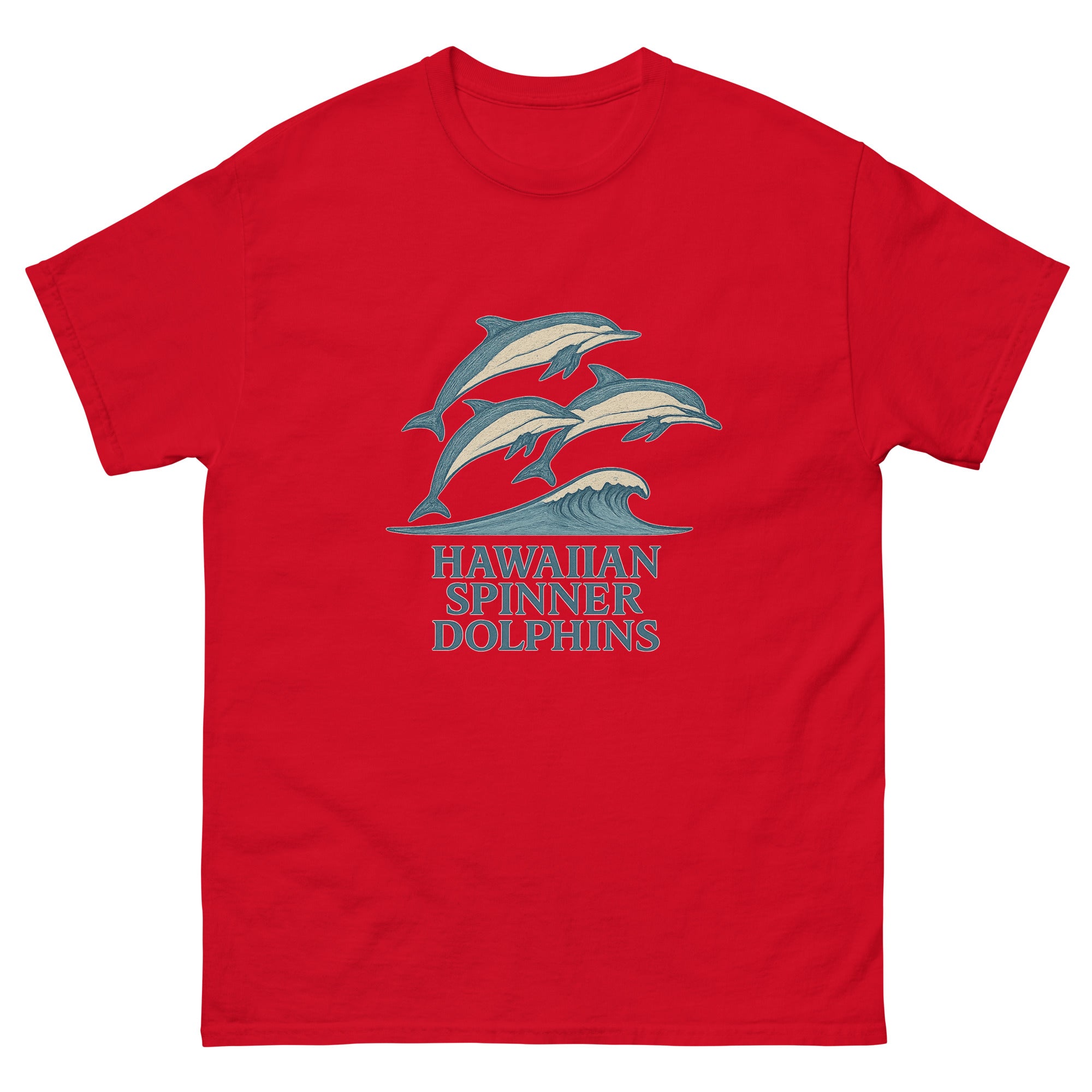 Spinner Dolphins Hawaiian t-shirt design on a Red unisex tee
