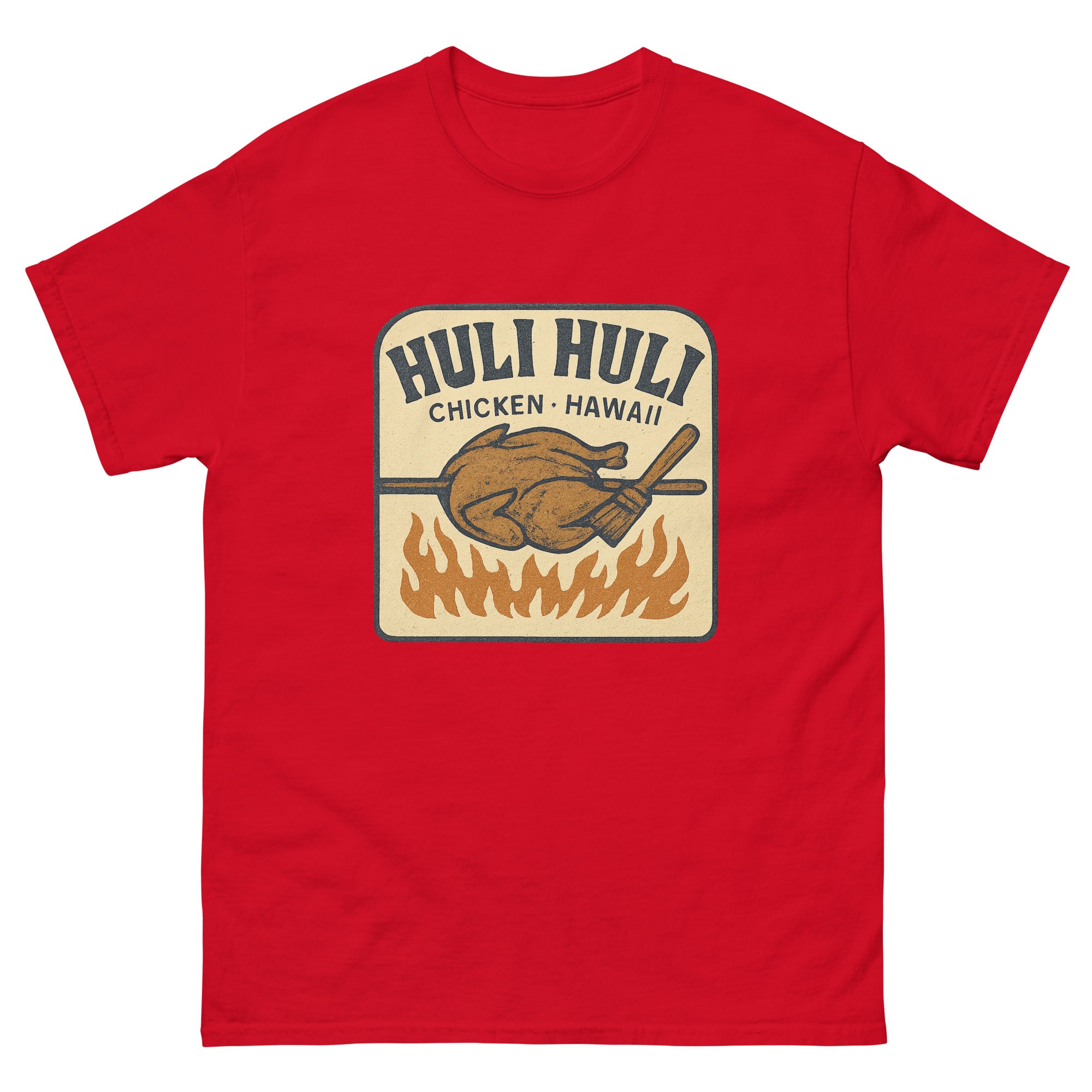 Huli Huli Chicken Hawaiian t-shirt design on a Red unisex tee