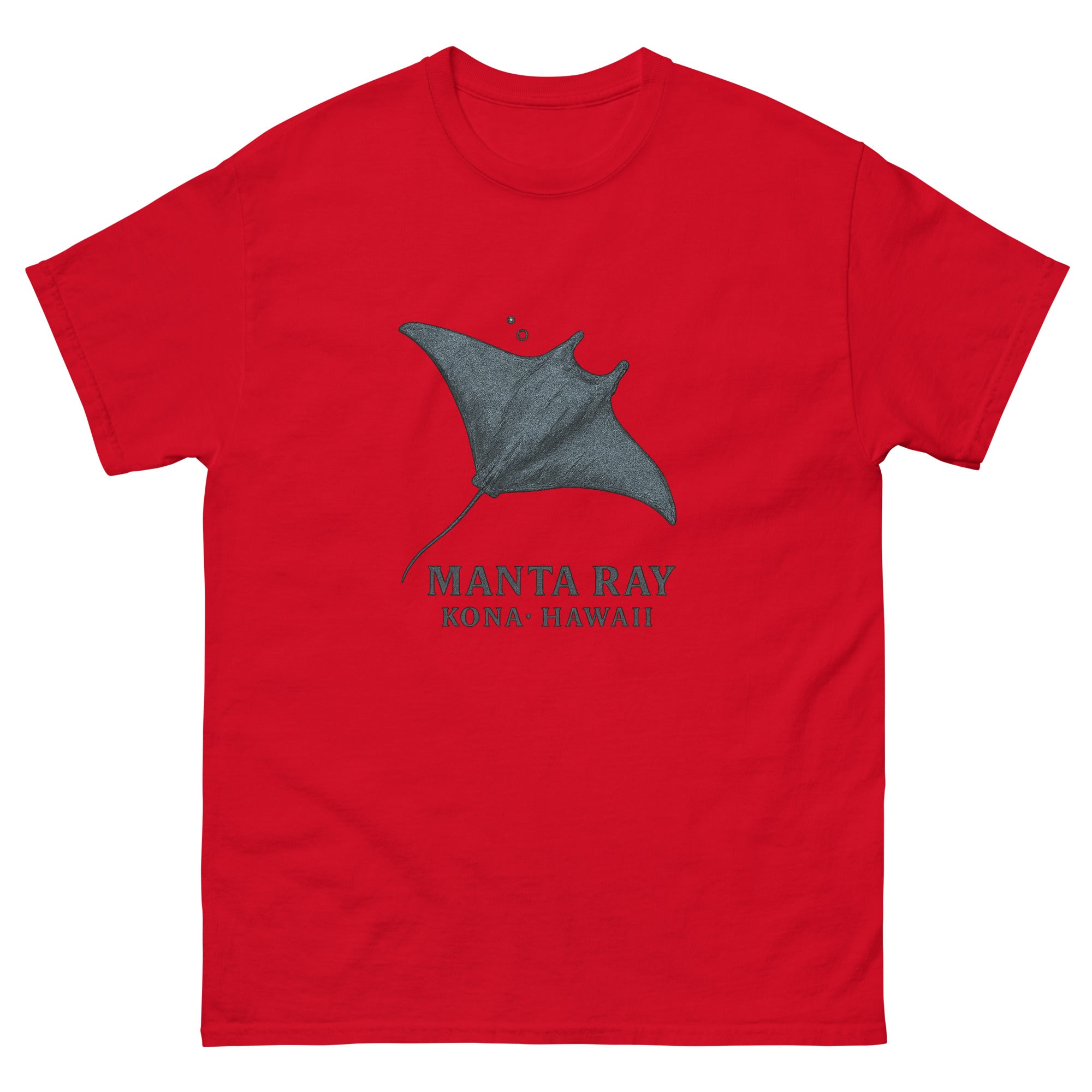 Manta Ray Hawaiian t-shirt design on a Red unisex tee