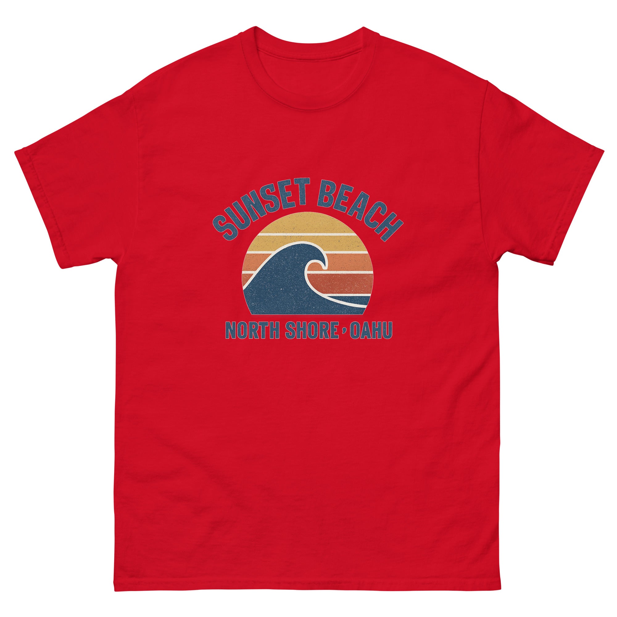 Sunset Beach Hawaiian t-shirt design on a Red unisex tee
