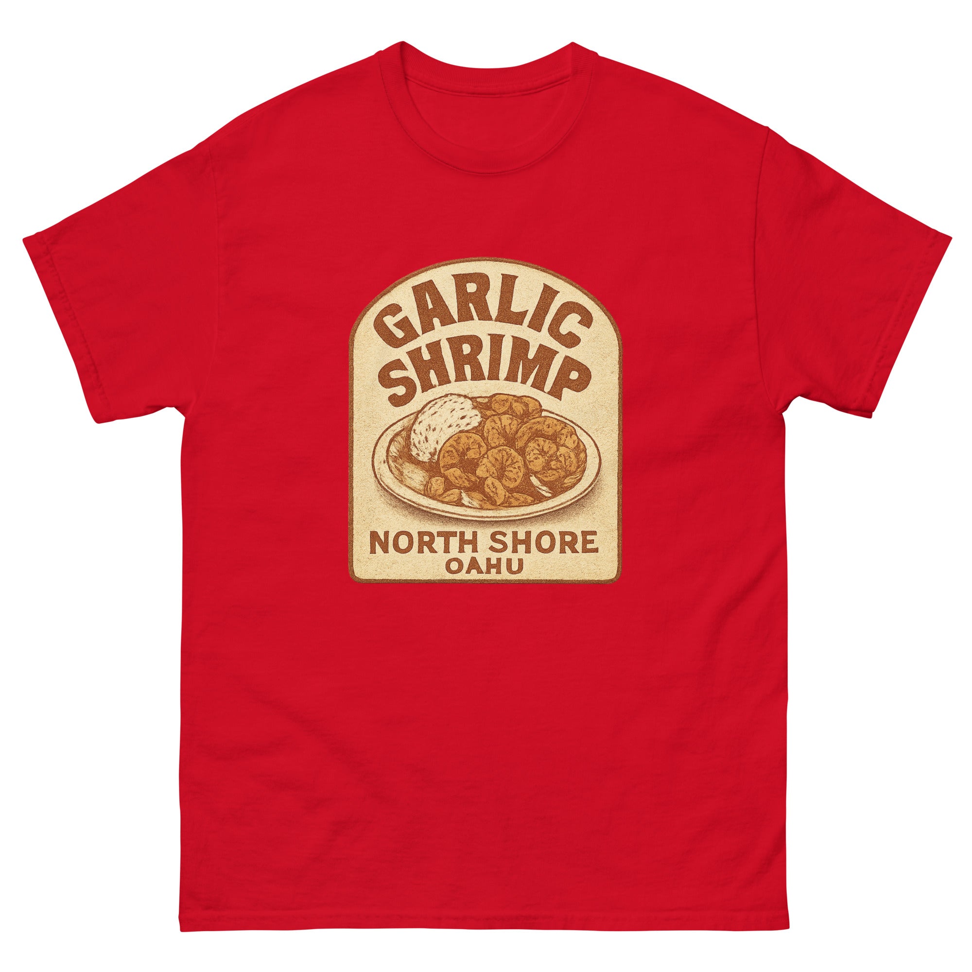Garlic Shrimp Truck Hawaiian t-shirt design on a Red unisex tee