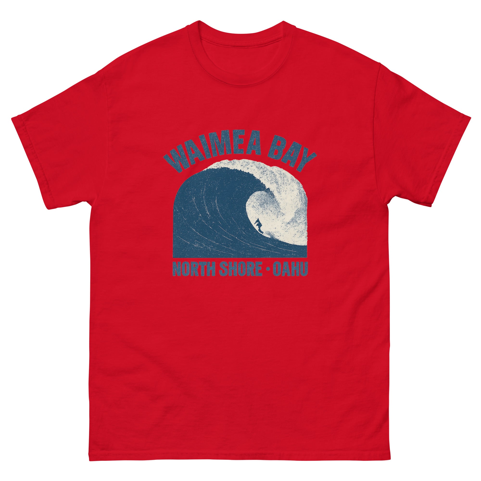 Waimea Bay Hawaiian t-shirt design on a Red unisex tee