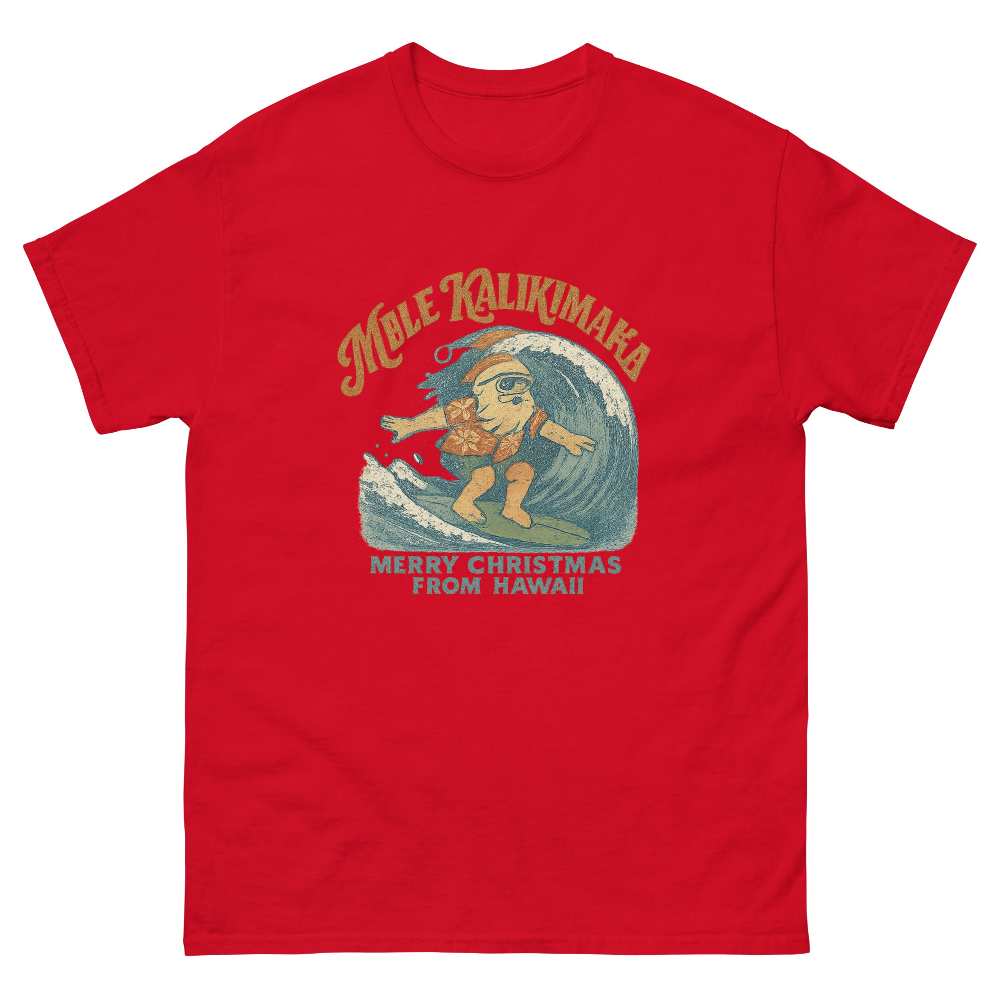 Mele Kalikimaka Hawaiian t-shirt design on a Red unisex tee