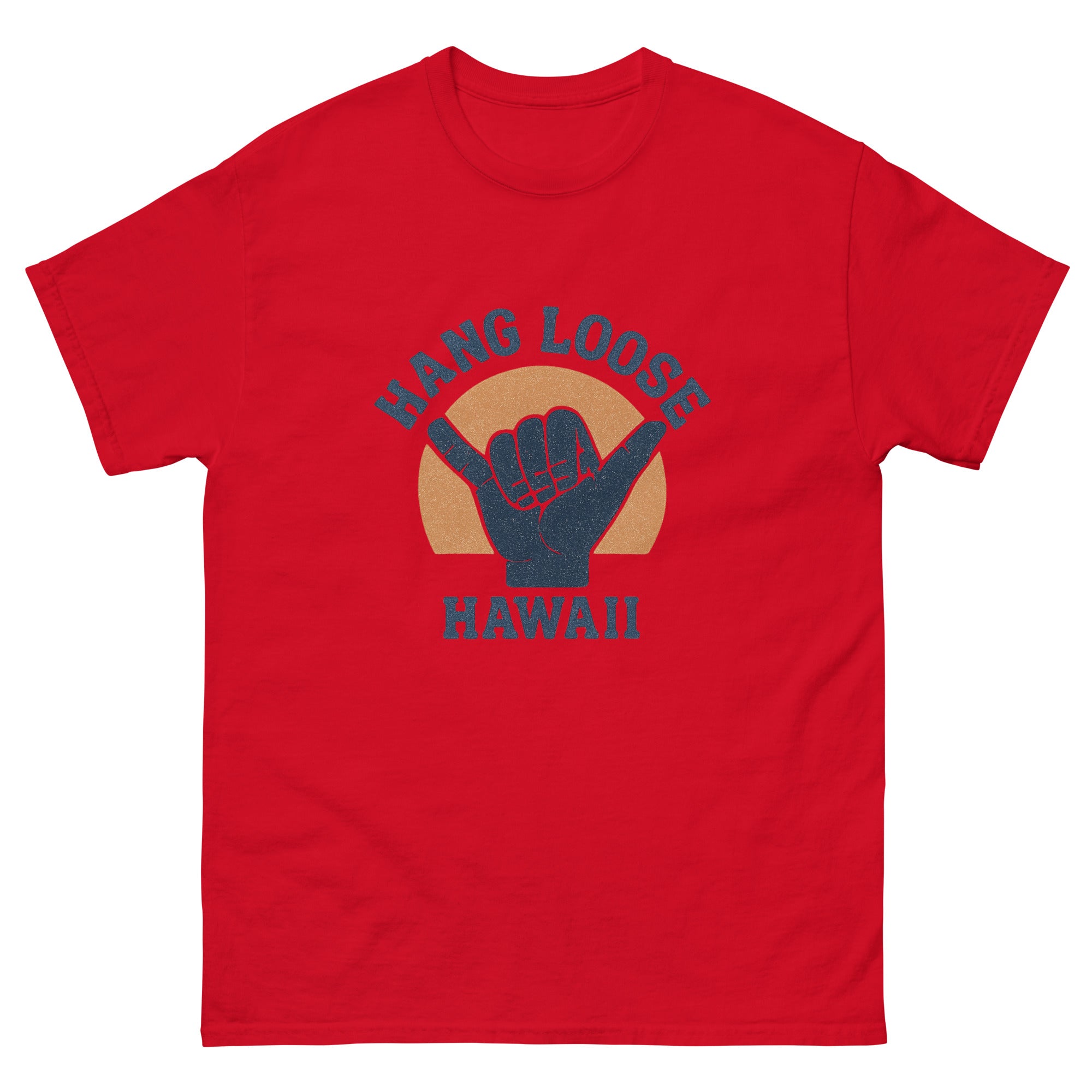 Hang Loose Shaka Hawaiian t-shirt design on a Red unisex tee