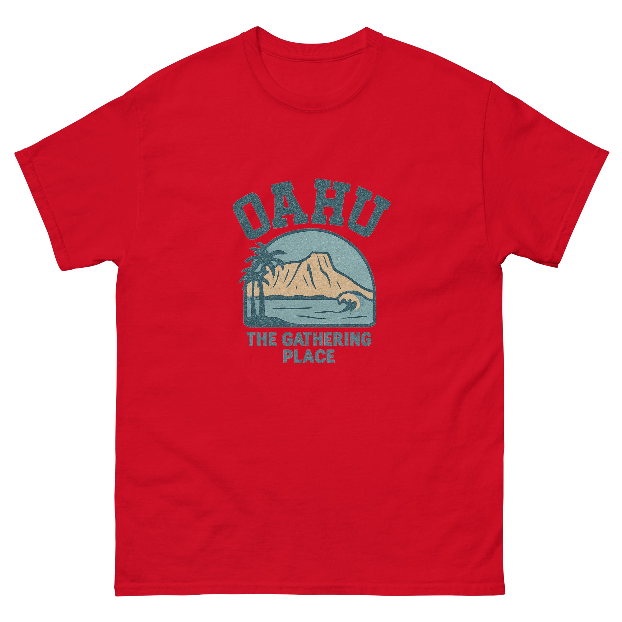 Oahu Hawaiian t-shirt design on a Red unisex tee