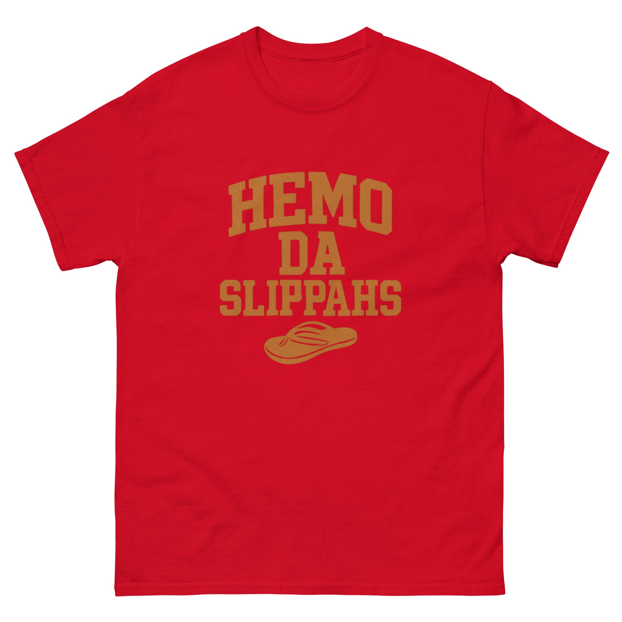 Hemo Da Slippahs Hawaiian t-shirt design on a Red unisex tee