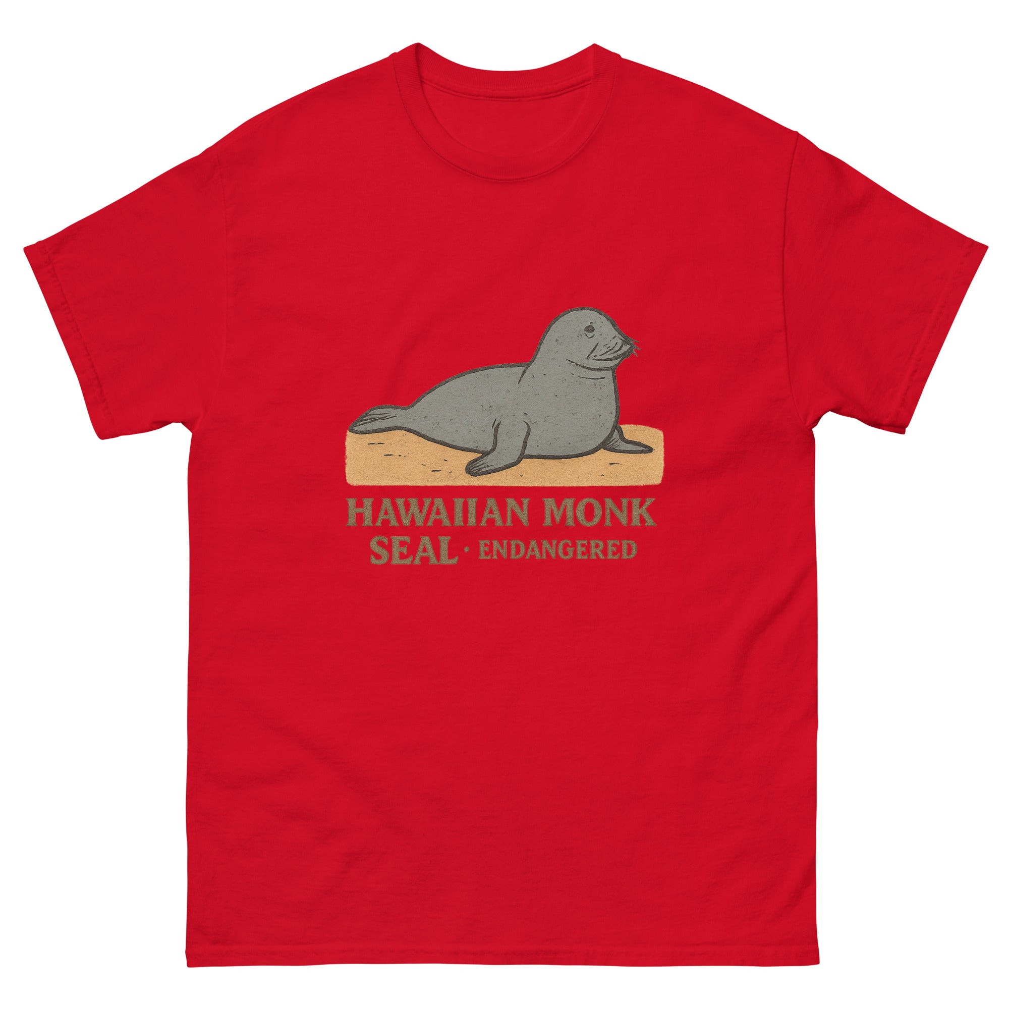 Monk Seal Hawaiian t-shirt design on a Red unisex tee