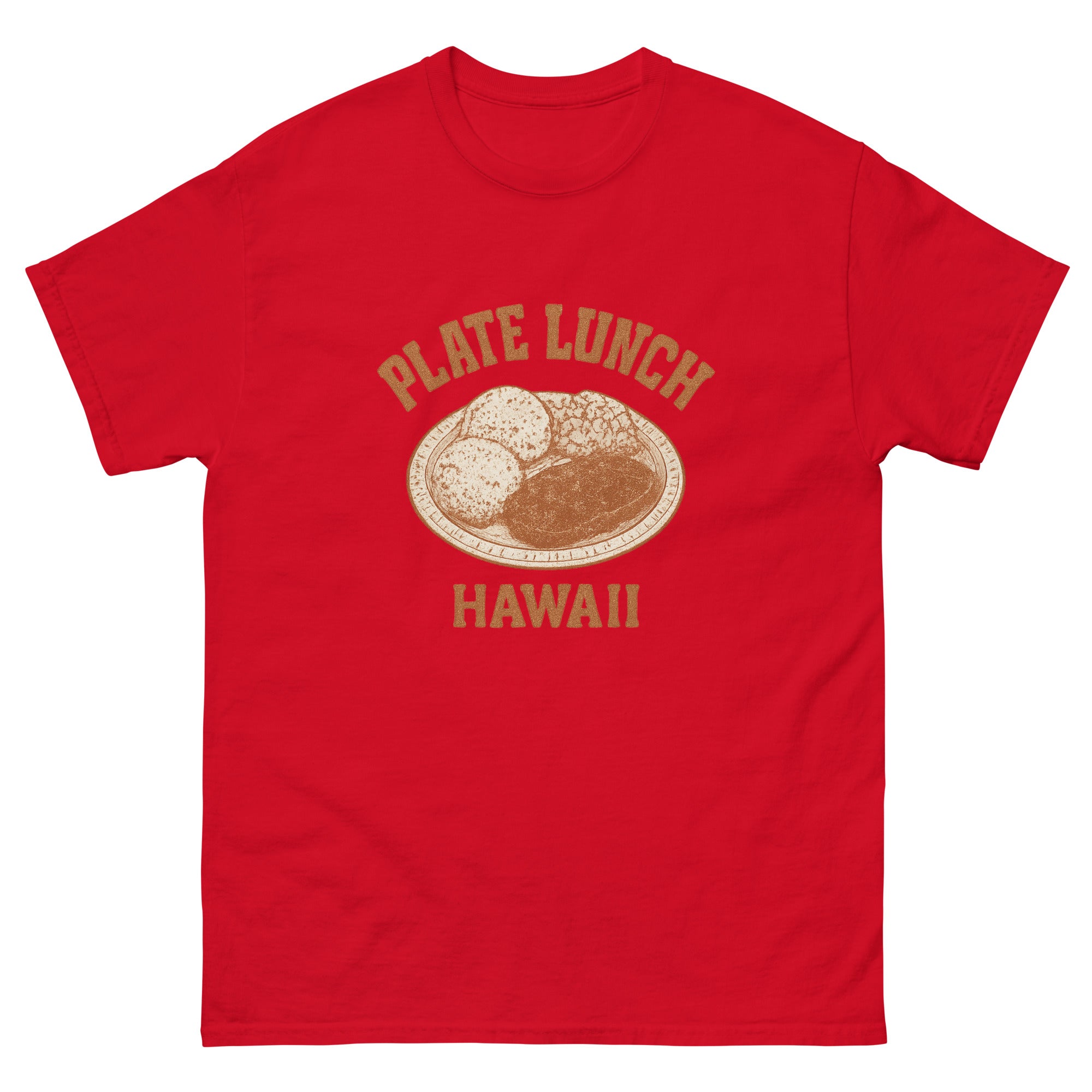 Plate Lunch Hawaiian t-shirt design on a Red unisex tee