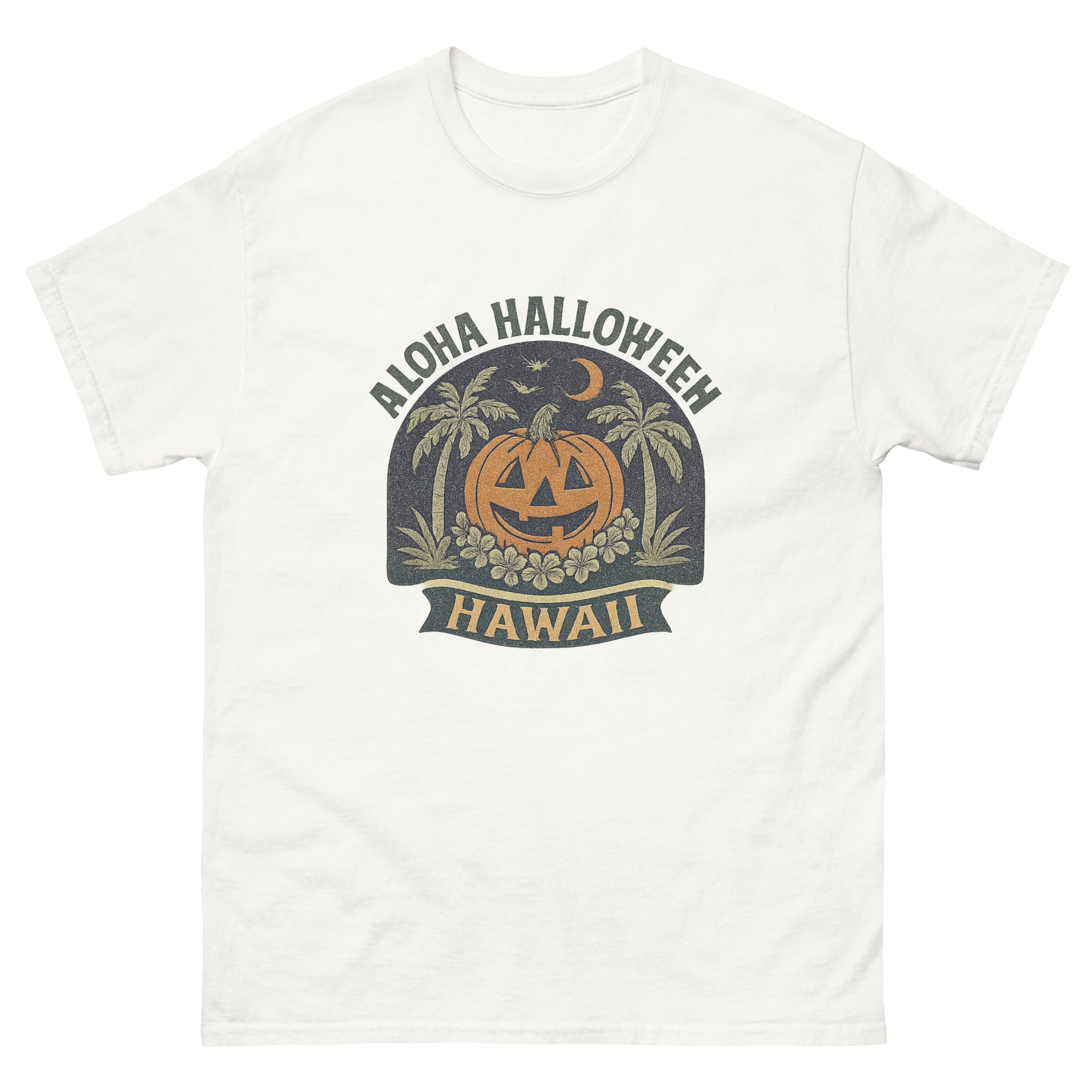 Aloha Halloween Hawaiian t-shirt design on a White unisex tee
