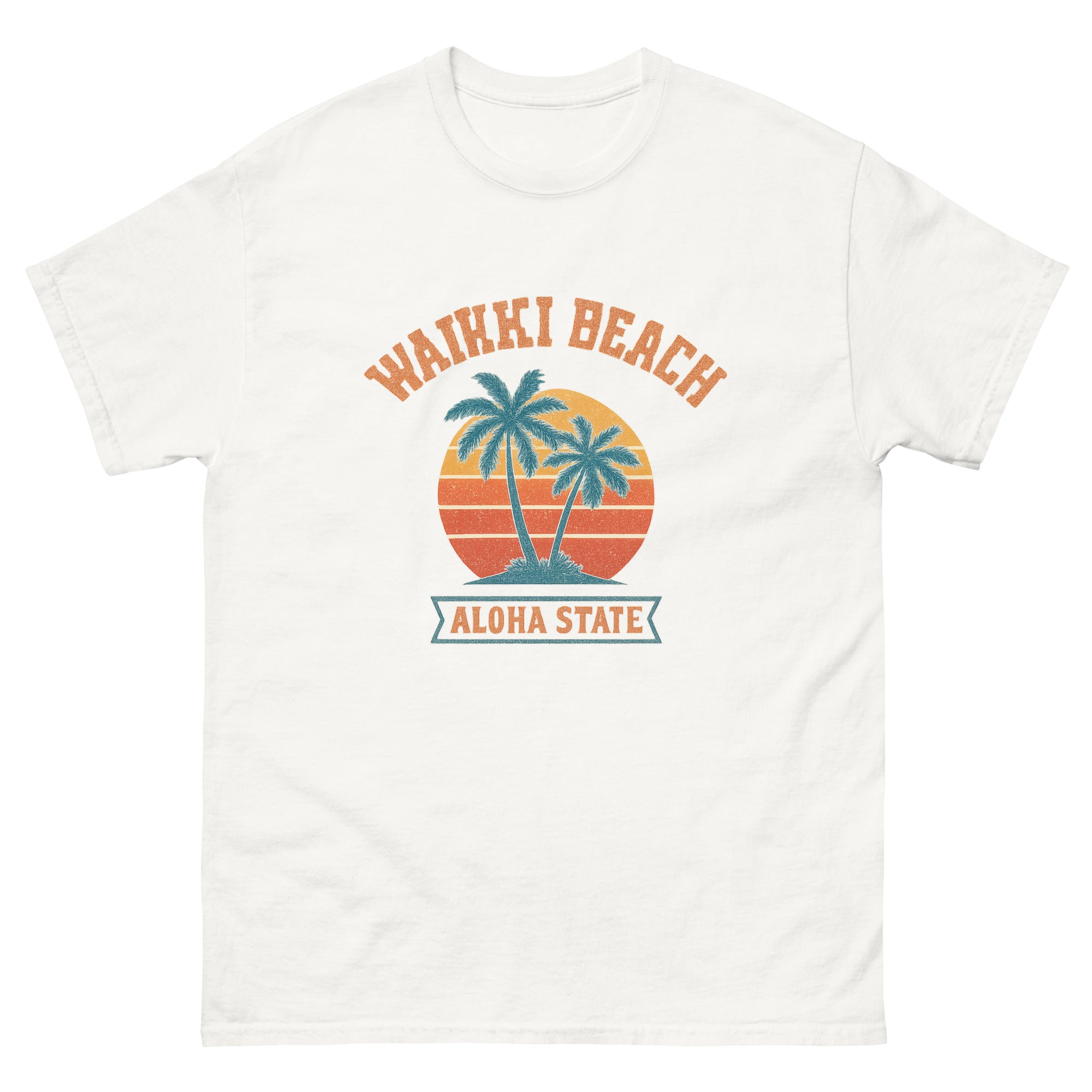 Waikiki Sunset Hawaiian t-shirt design on a White unisex tee