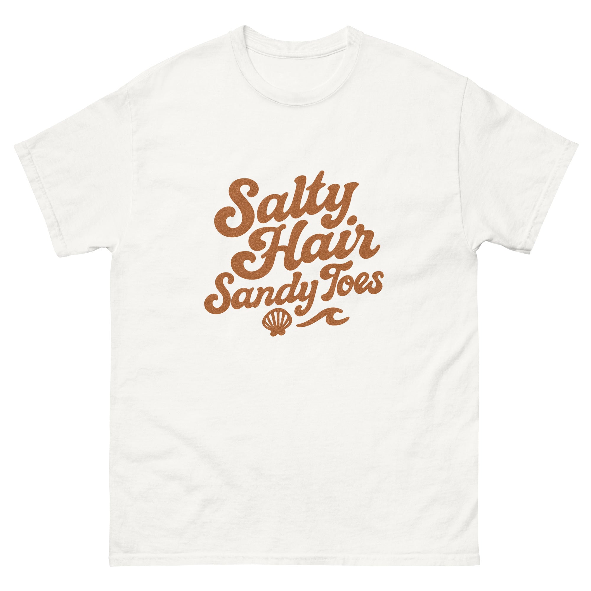Salty Hair Sandy Toes Hawaiian t-shirt design on a White unisex tee