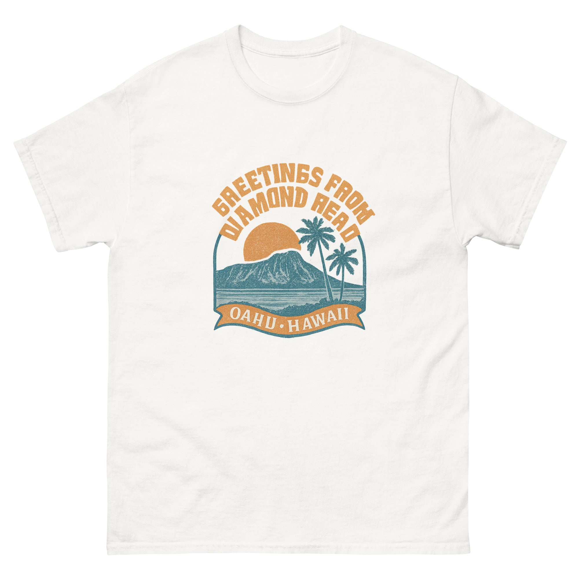 Diamond Head Hawaiian t-shirt design on a White unisex tee