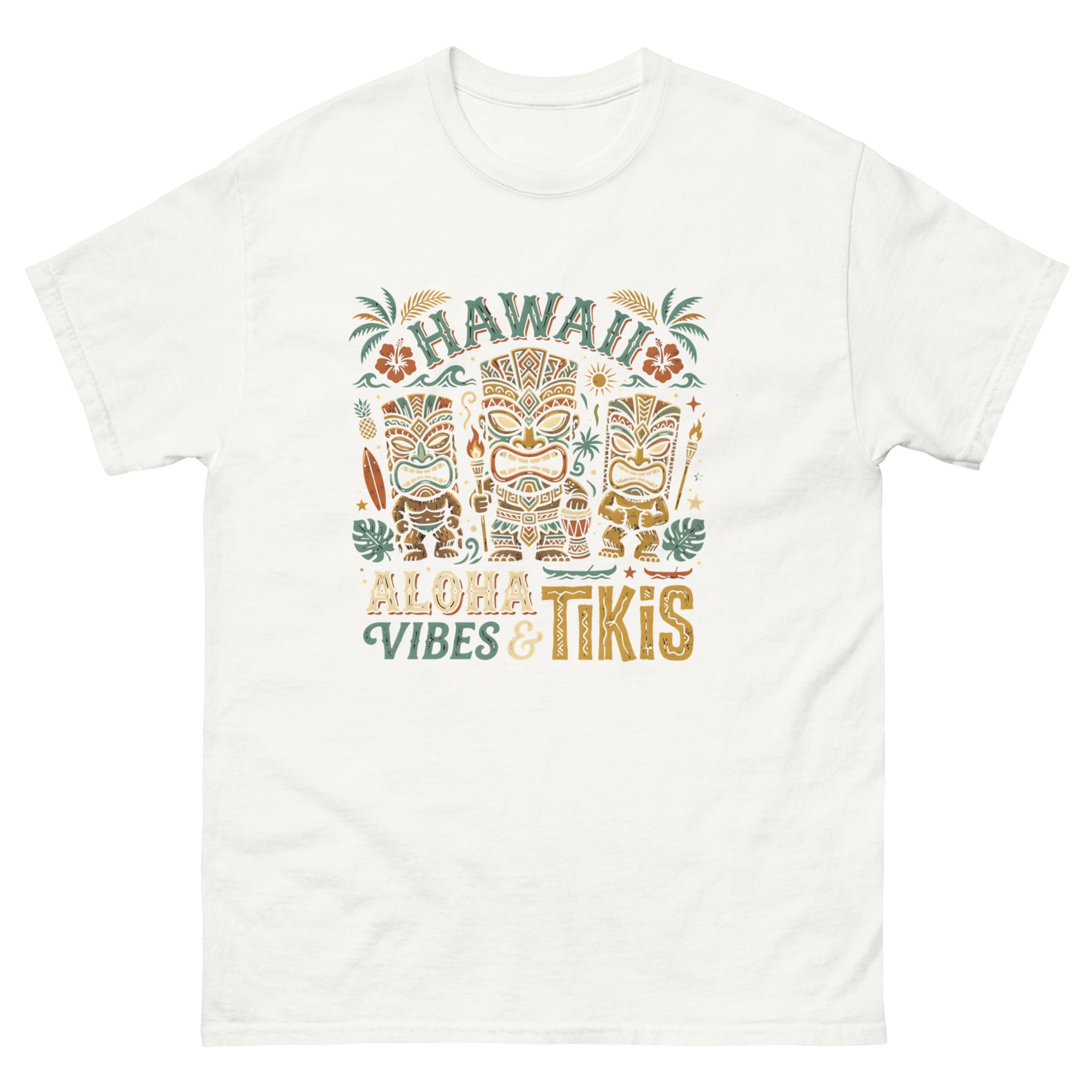 Tropical Tiki Nights v4 Hawaiian t-shirt design on a White unisex tee