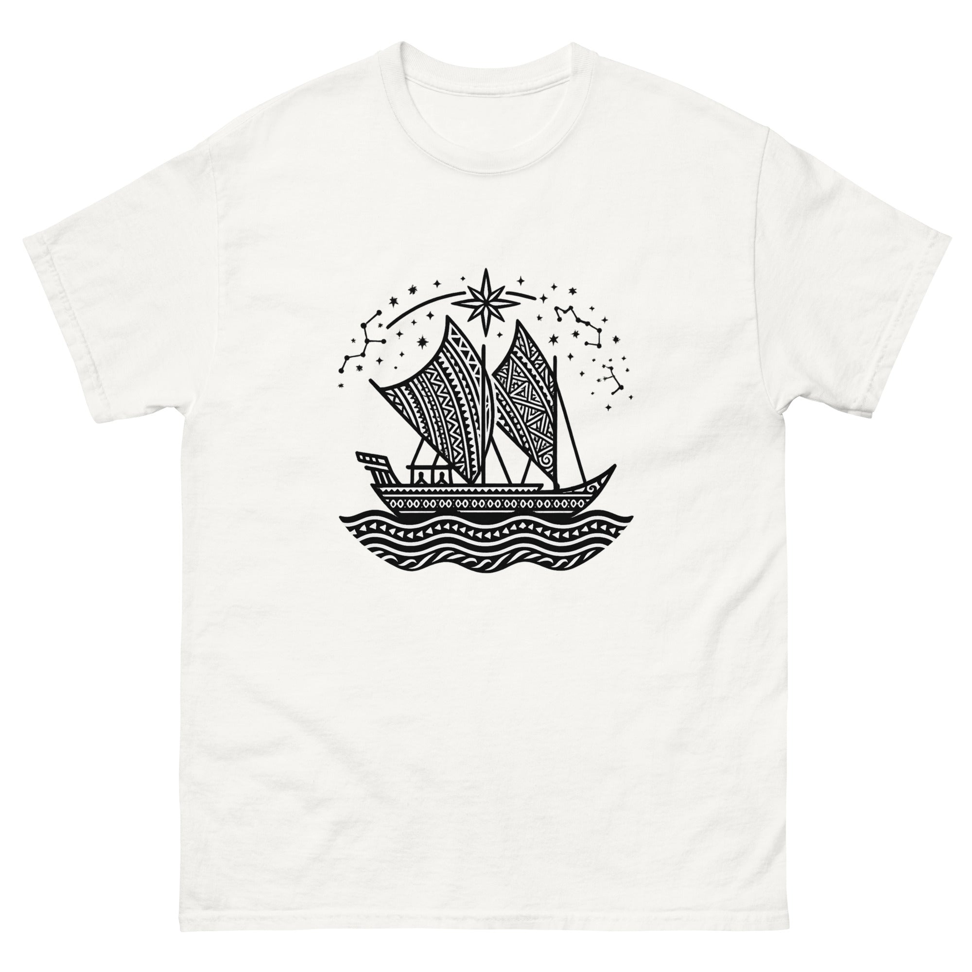 Waa Kaulua Wayfinder Hawaiian Canoe T-Shirt Hawaiian t-shirt design on a White unisex tee