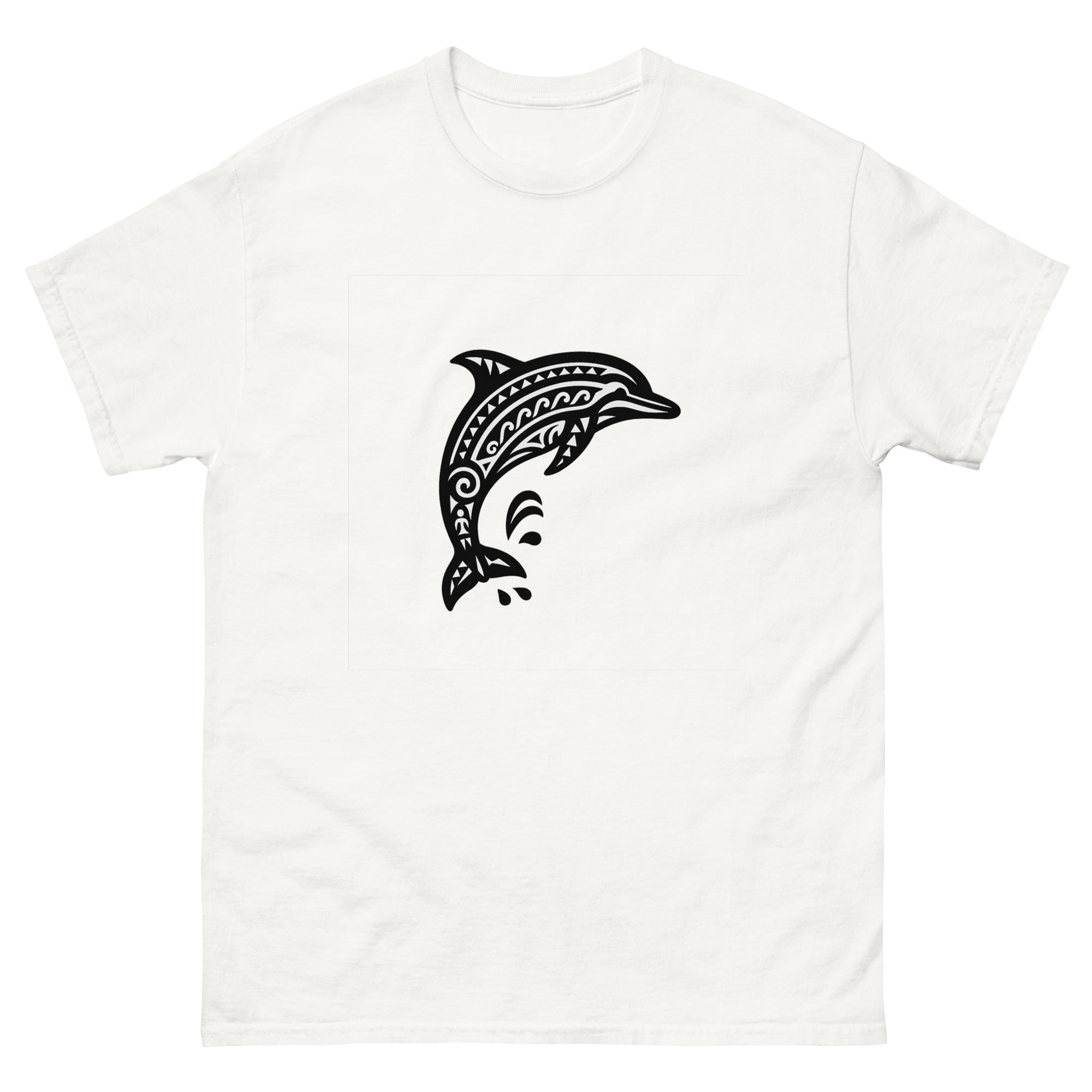 Naia Dolphin Hawaiian t-shirt design on a White unisex tee