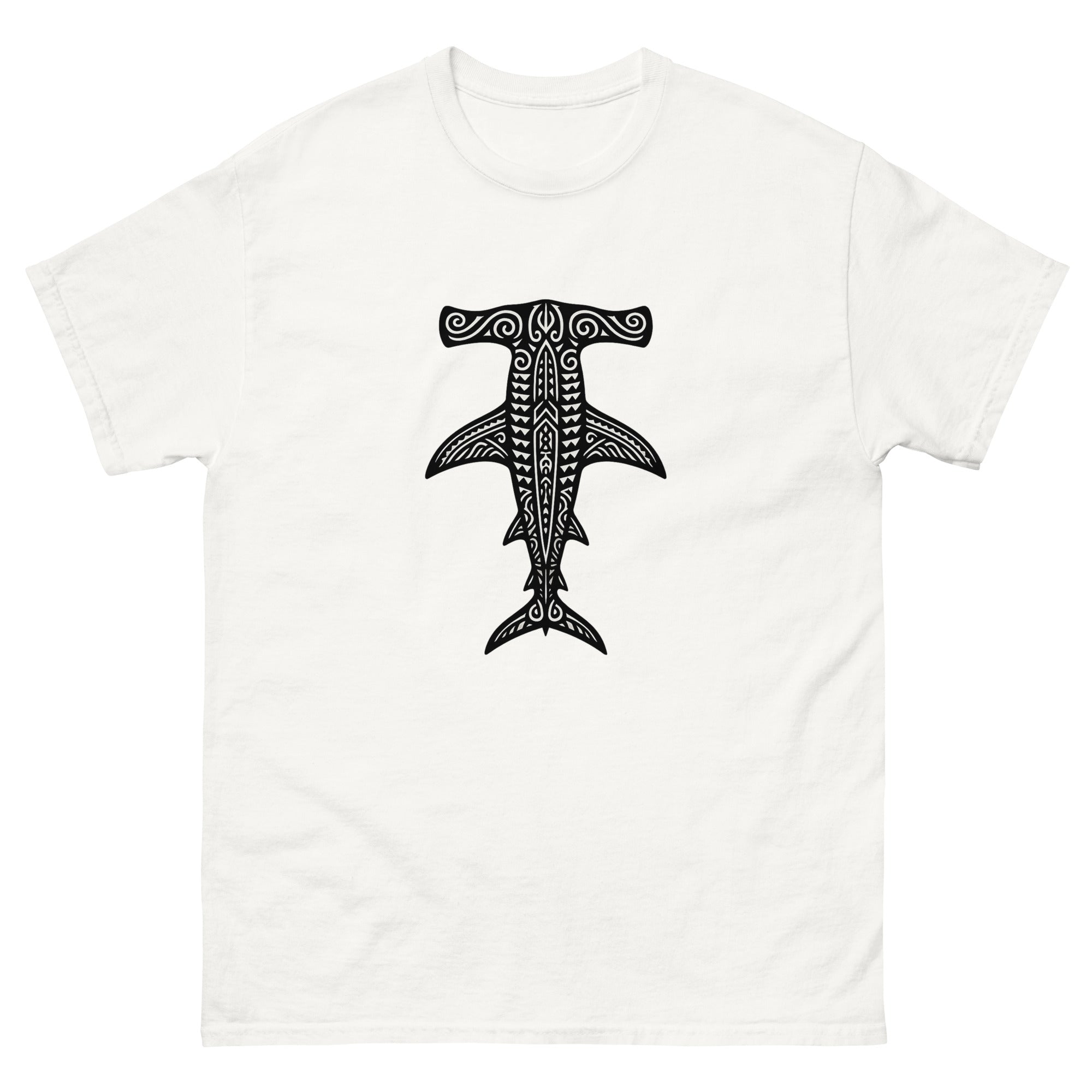 Mano Kihikihi Hammerhead Hawaiian t-shirt design on a White unisex tee