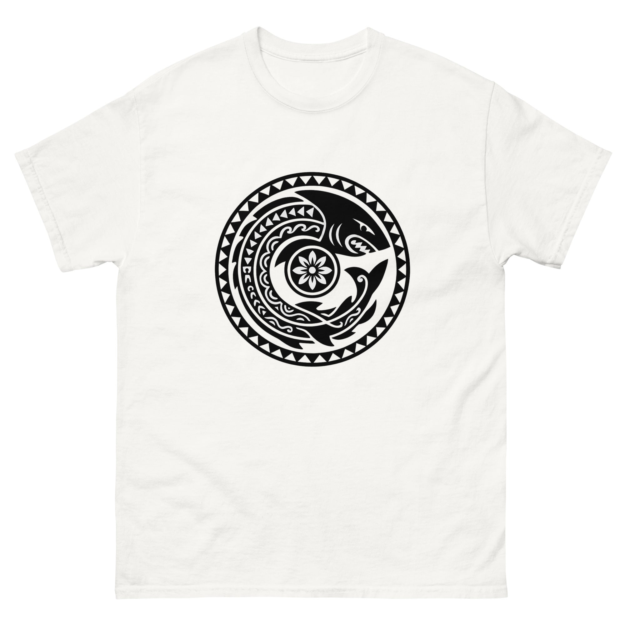 Mano Aumakua Medallion Hawaiian t-shirt design on a White unisex tee