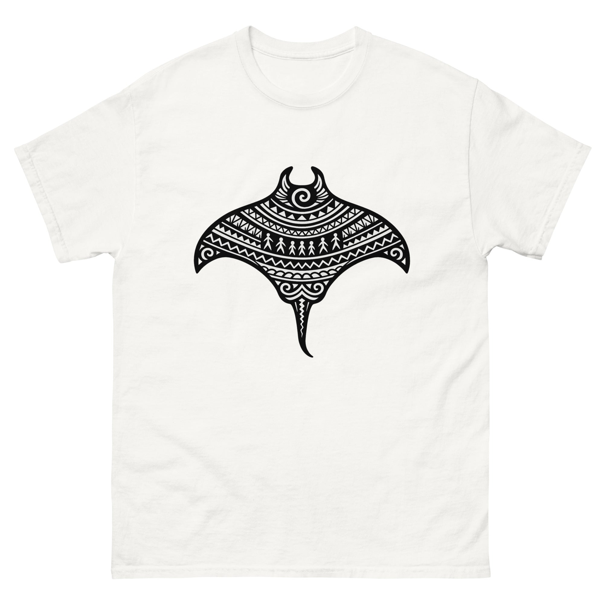 Manta Ray Kakau Hawaiian t-shirt design on a White unisex tee