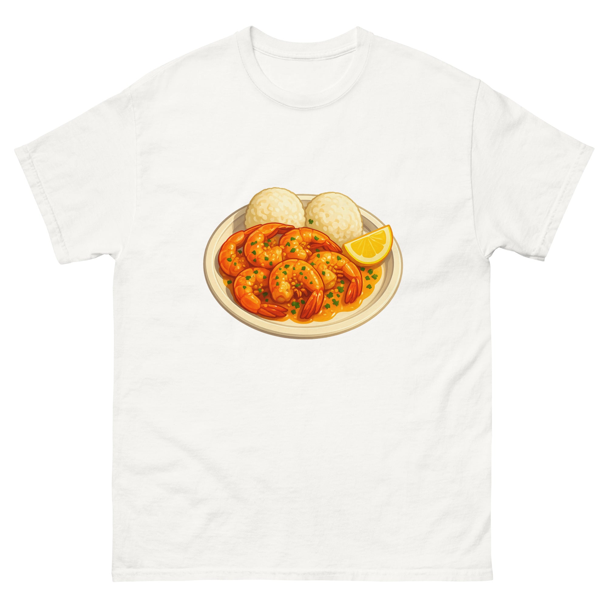 Garlic Shrimp Plate Hawaiian t-shirt design on a White unisex tee