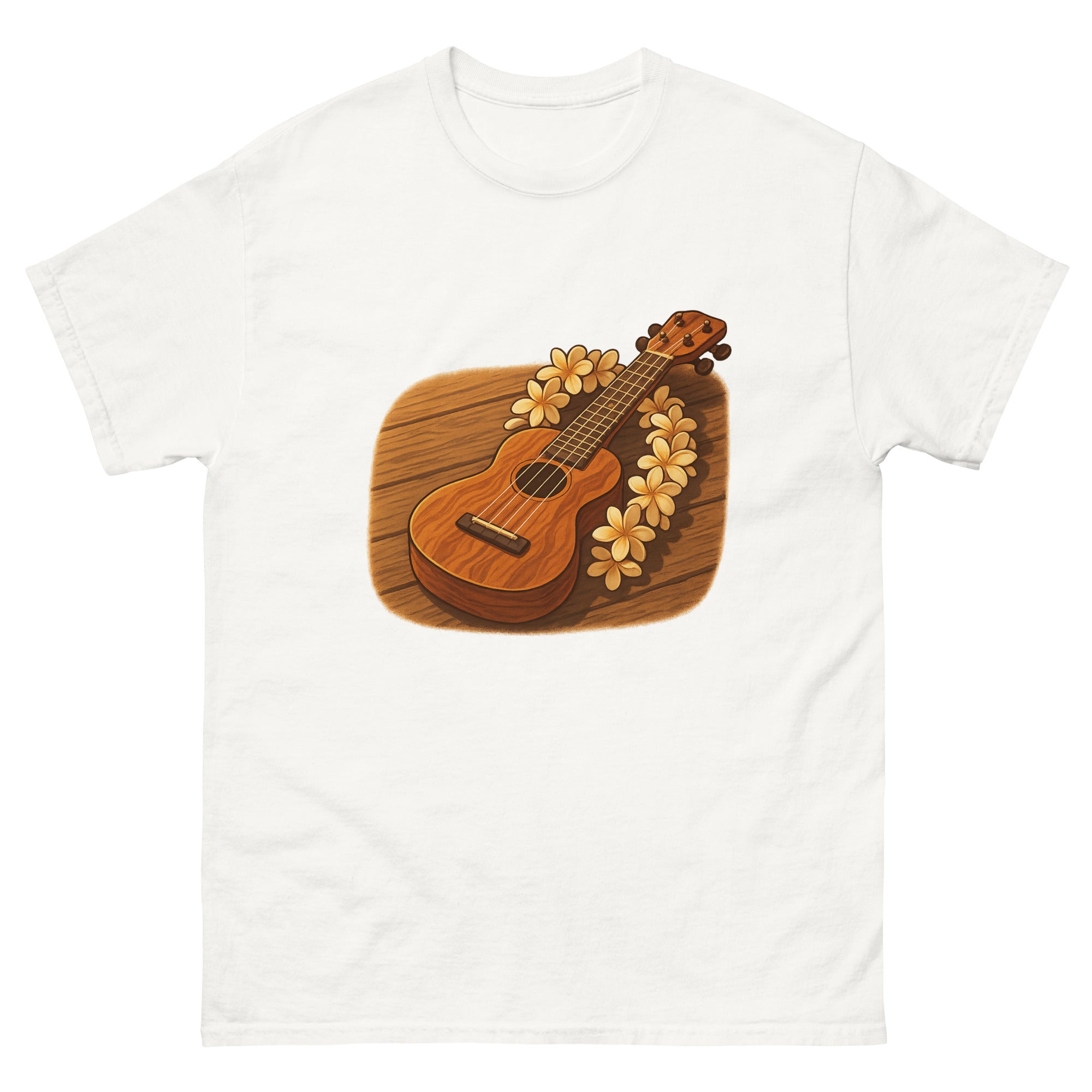 Ukulele And Lei Hawaiian t-shirt design on a White unisex tee