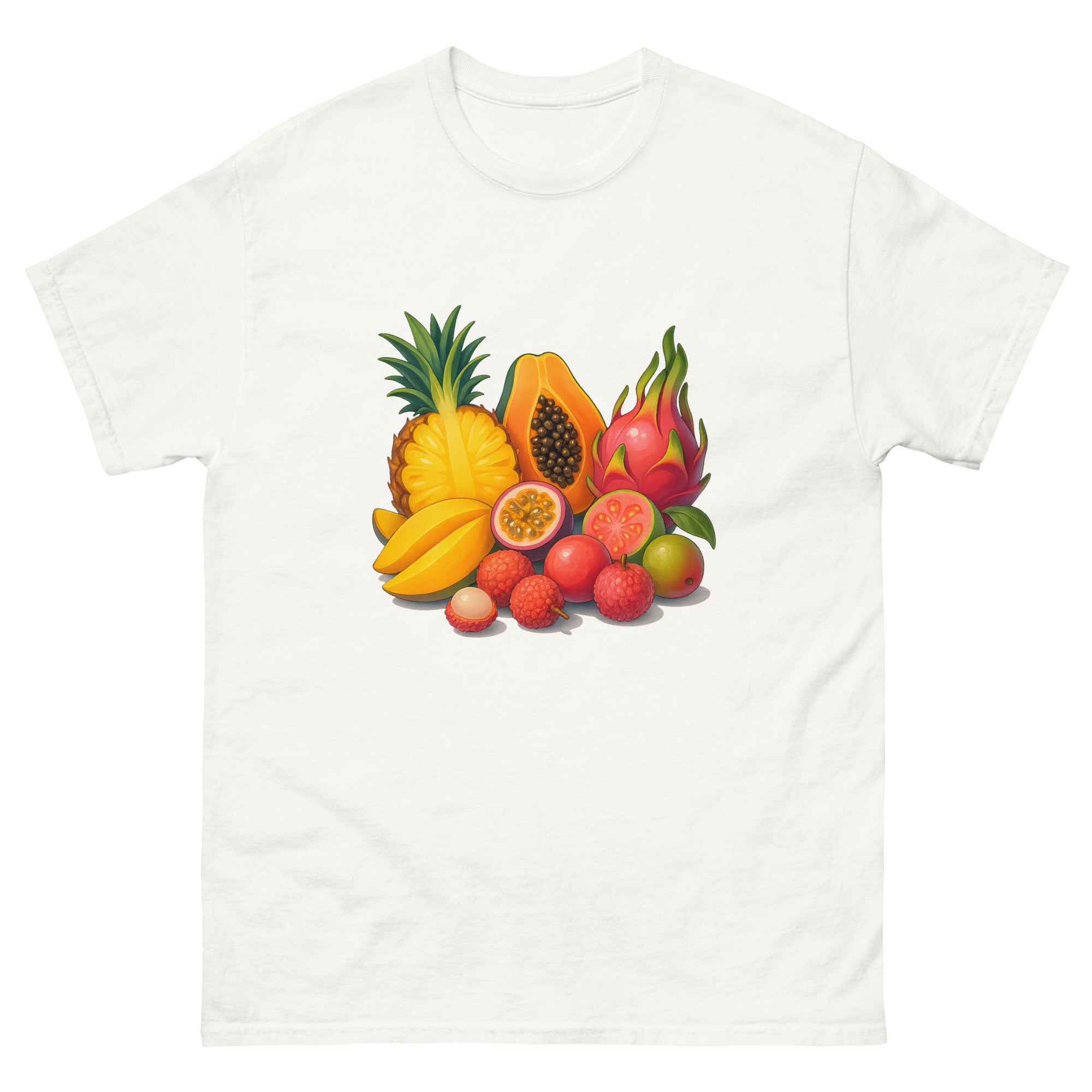 Tropical Fruit Spread Hawaiian t-shirt design on a White unisex tee