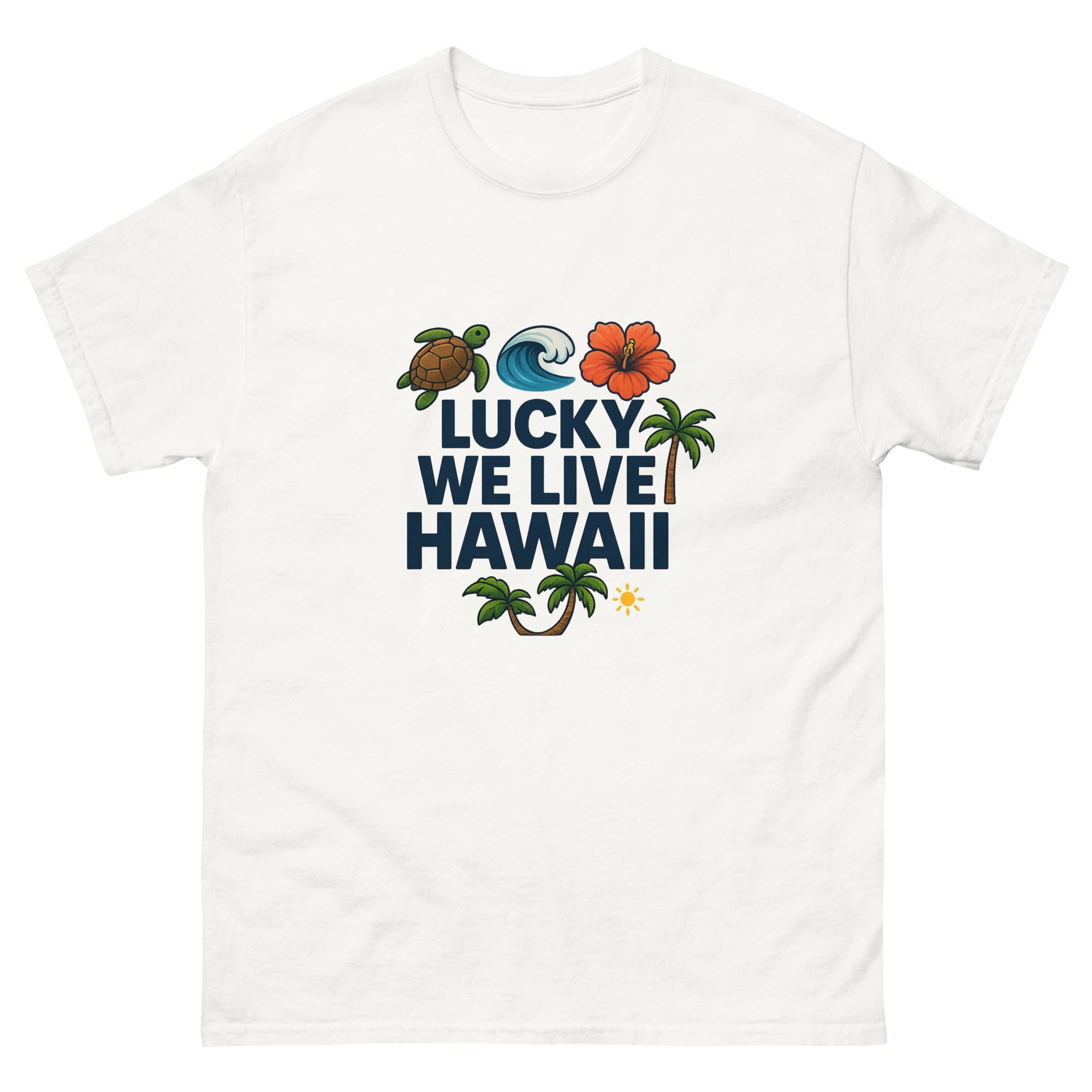Lucky We Live Hawaii Type Hawaiian t-shirt design on a White unisex tee
