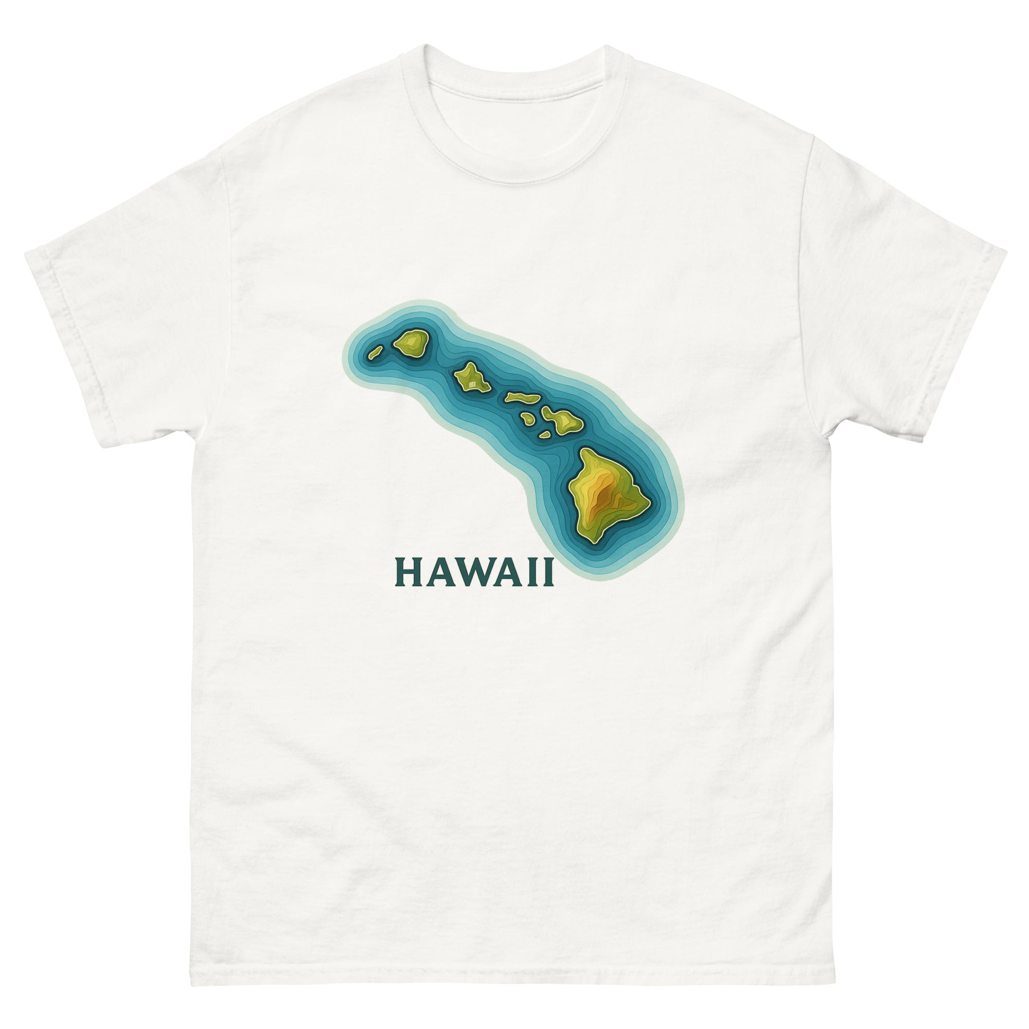 Hawaii Topographic Hawaiian t-shirt design on a White unisex tee