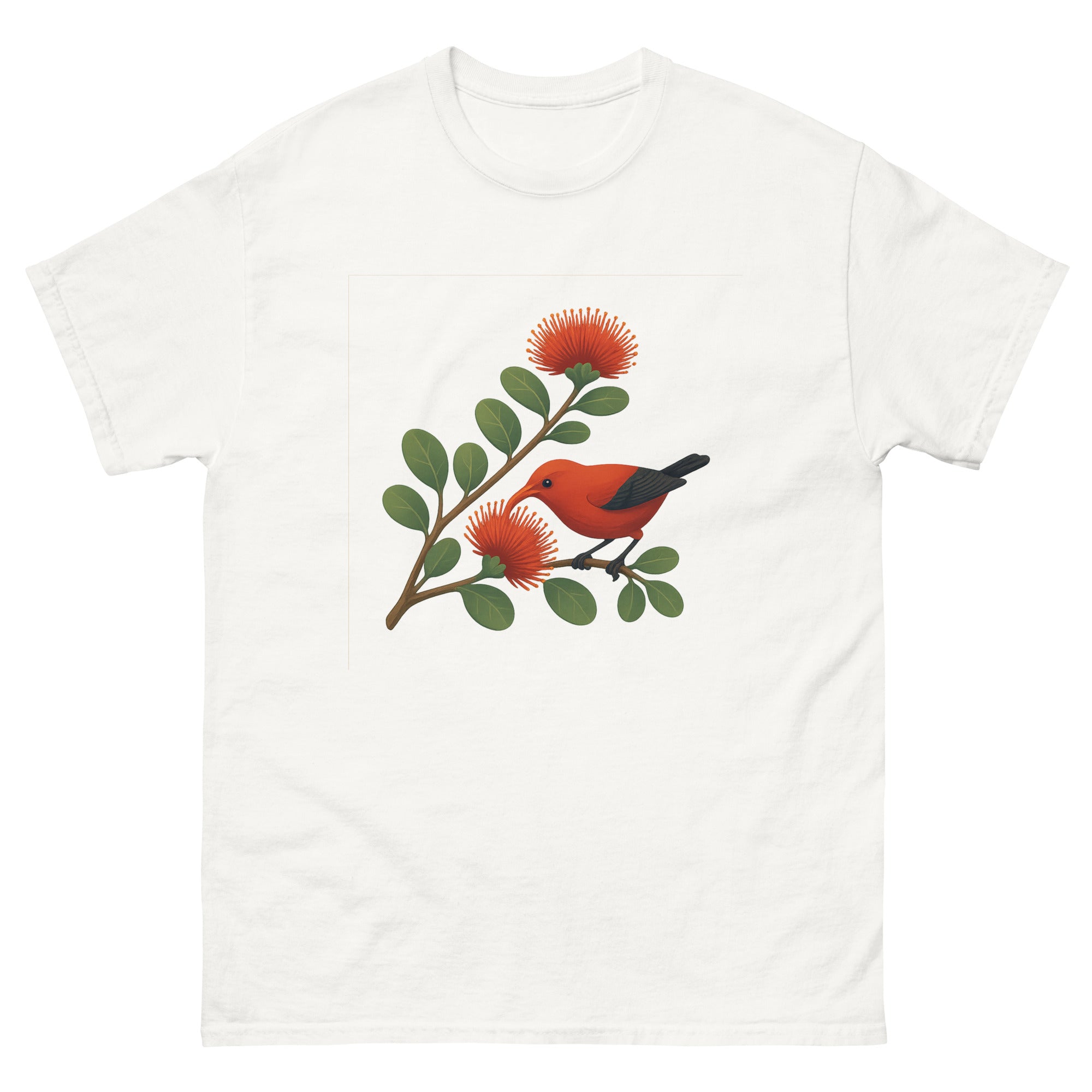 Ohia Lehua And Iiwi Hawaiian t-shirt design on a White unisex tee