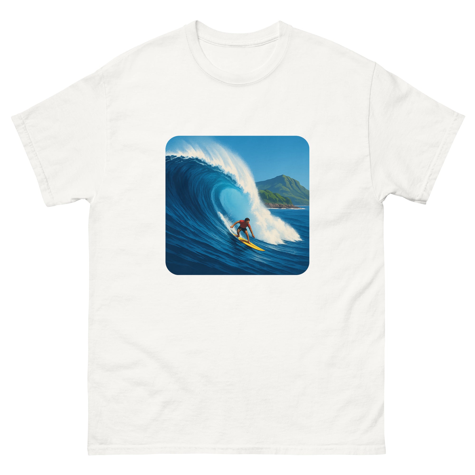 Waimea Bay Drop Hawaiian t-shirt design on a White unisex tee