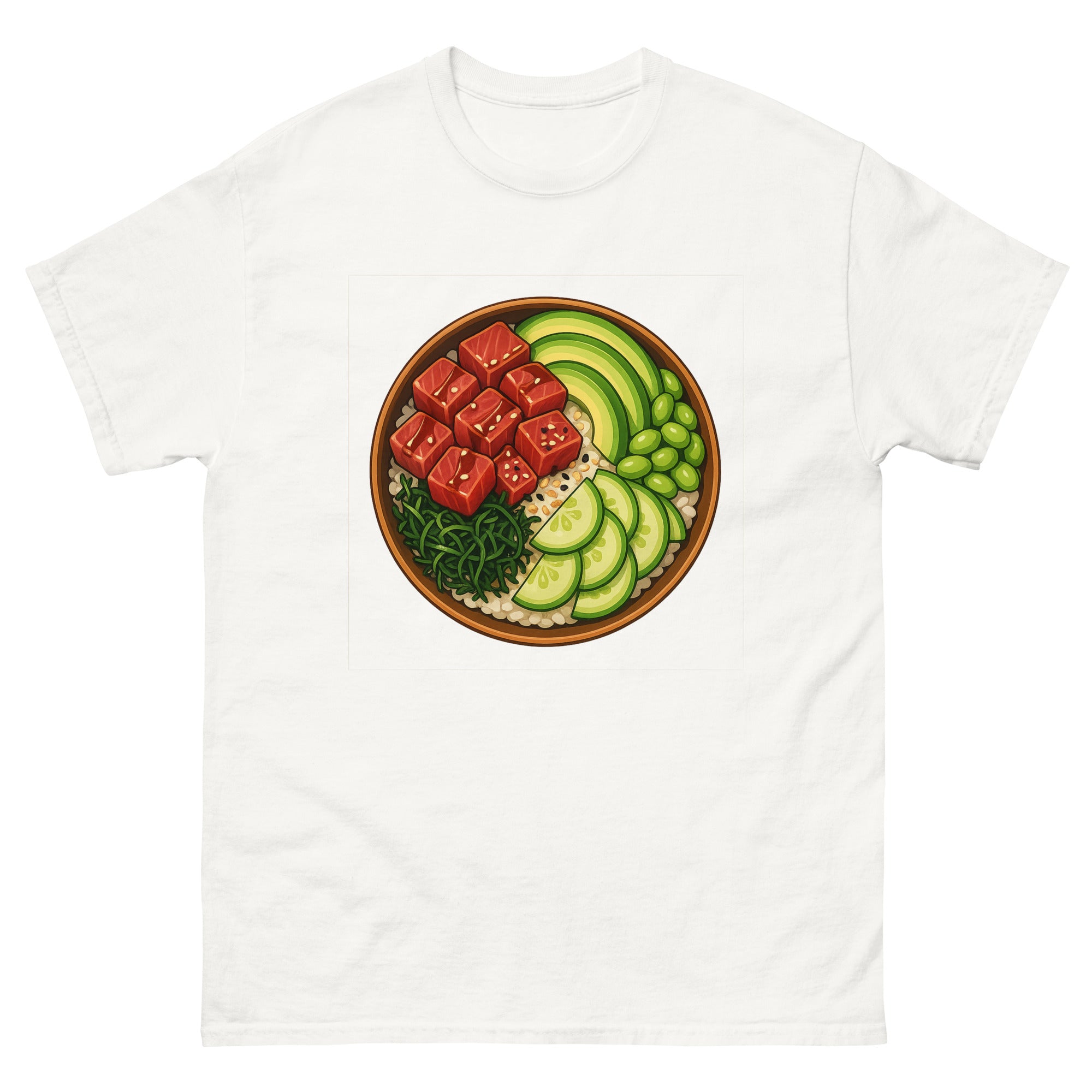 Poke Bowl Hawaiian t-shirt design on a White unisex tee