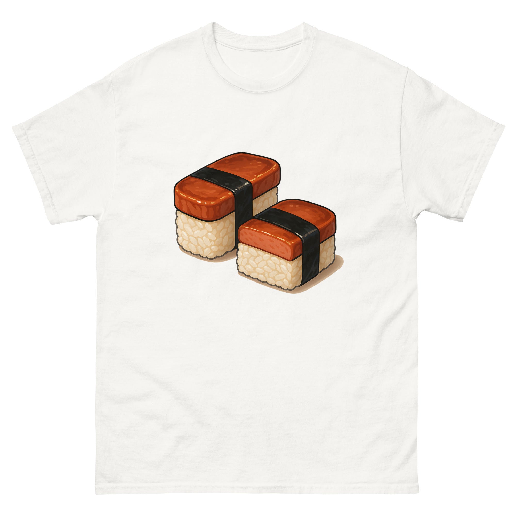 Spam Musubi Hawaiian t-shirt design on a White unisex tee
